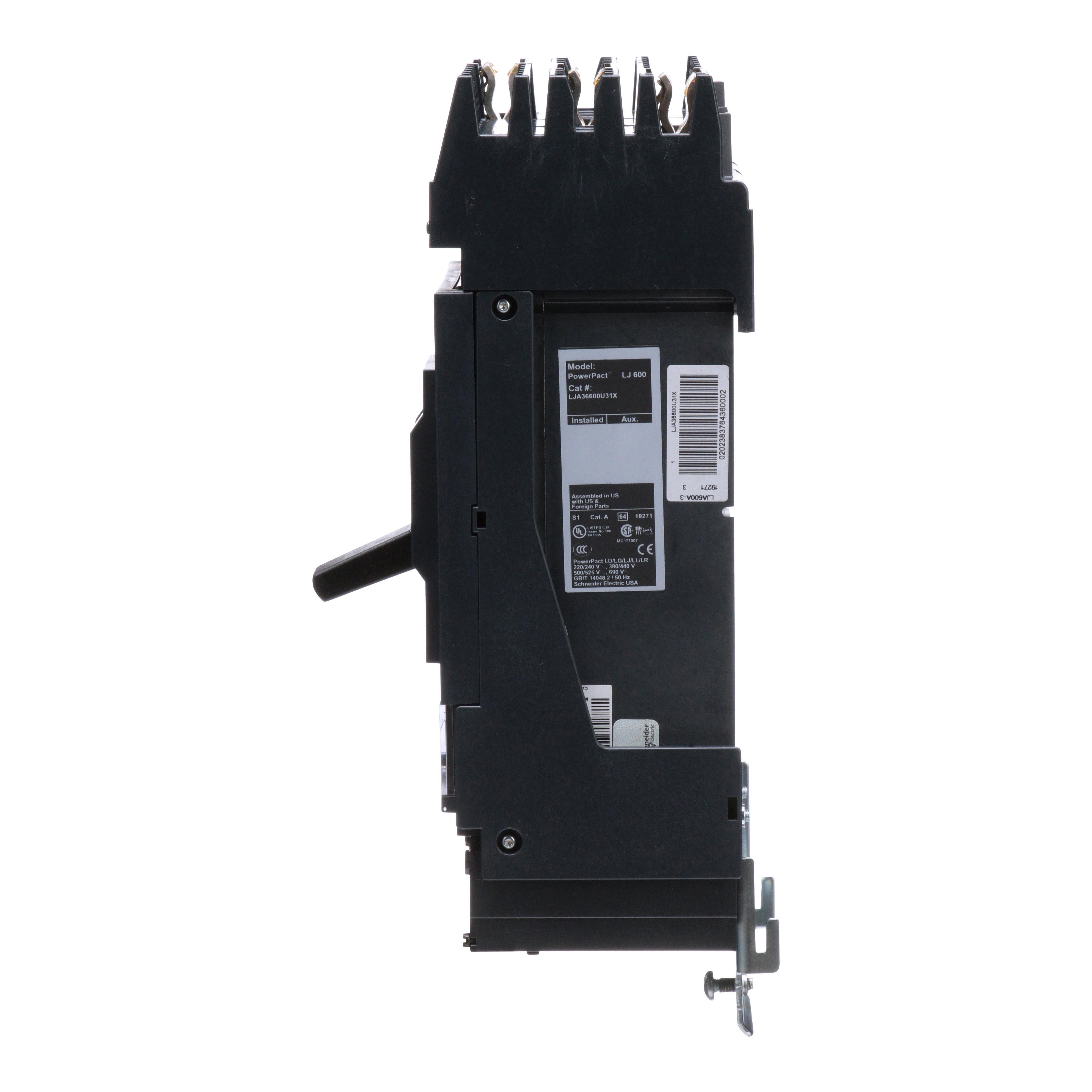 Picture of LJA36600U31X - Circuit breaker, PowerPacT L, 600A, 3 pole, 600VAC, 25kA, I-Line, MicroLogic 3.3, 80%, ABC