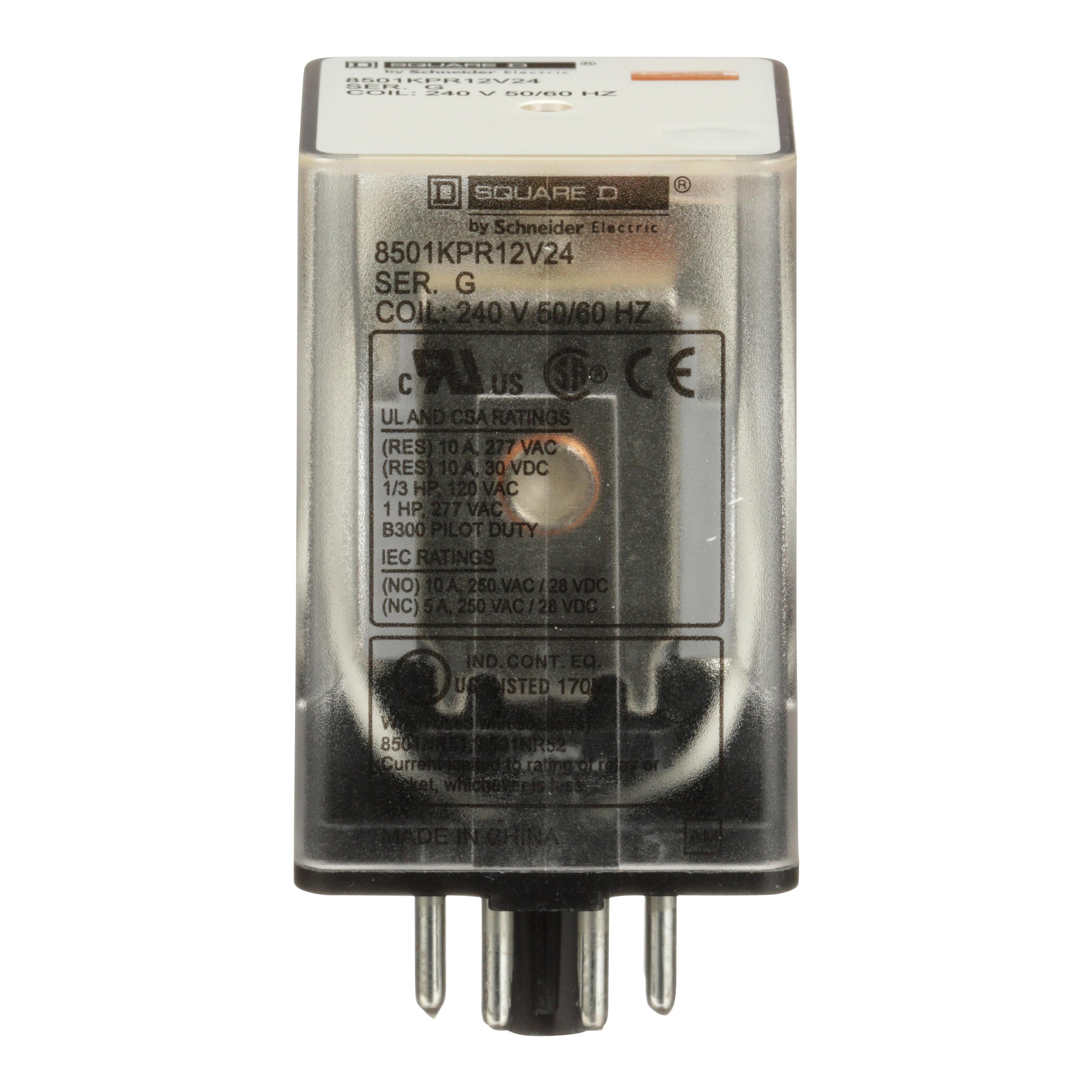 8501KPR12V24 - Relay, Harmony 8501K, DPDT, 8 pins, coil, 10A resistive at 120V AC, 240V AC, 1 HP at 277V AC, 2NO + 2NC