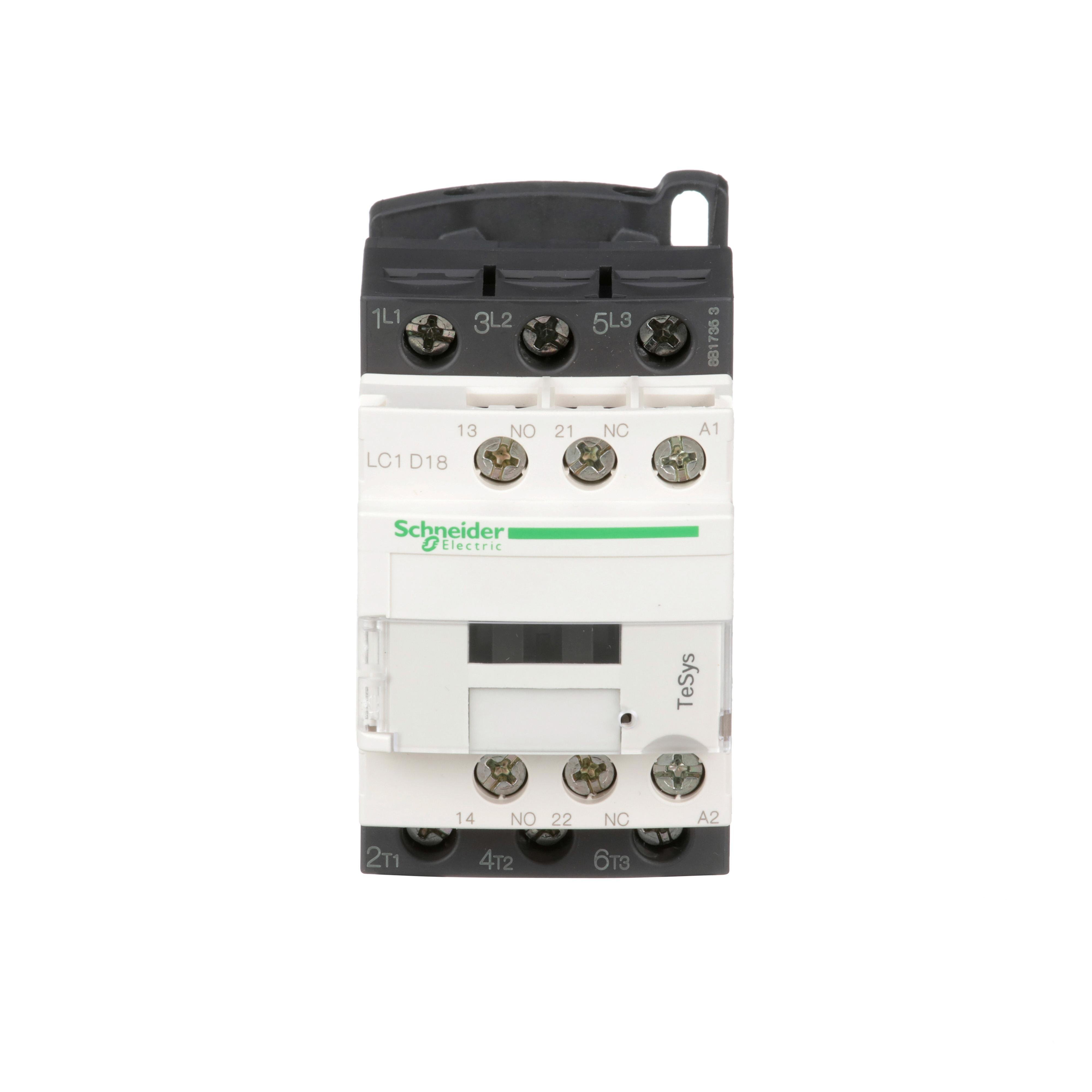LC1D18G7 - IEC contactor, TeSys Deca, nonreversing, 18A, 10HP at 480VAC, up to 100kA SCCR, 3 phase, 3 NO, 120VAC 50/60Hz coil, open