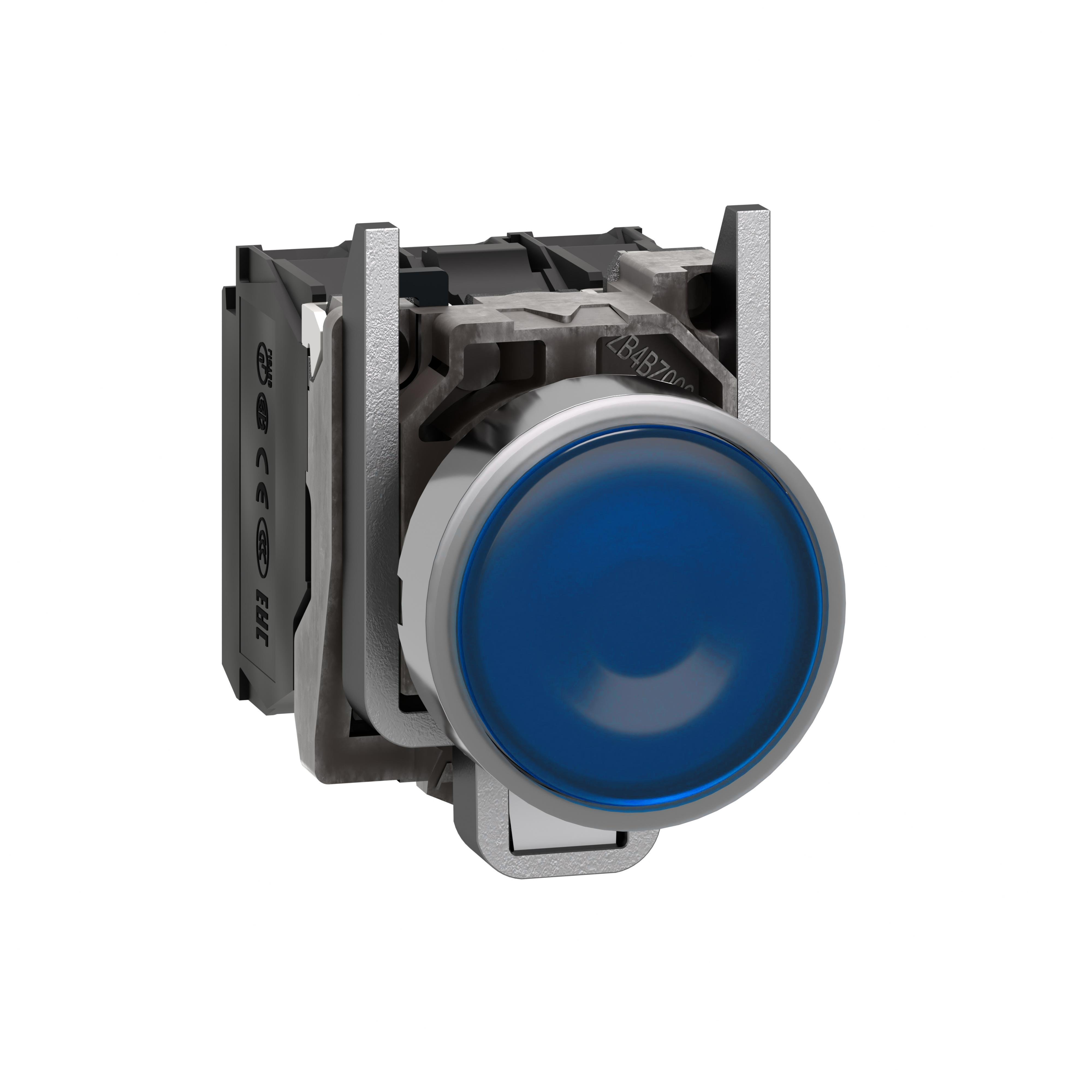 Picture of XB4BW36B5 - Illuminated push button, Harmony XB4, metal, blue flush, 22mm, universal LED, plain lens, 1NO + 1NC, 24V AC DC