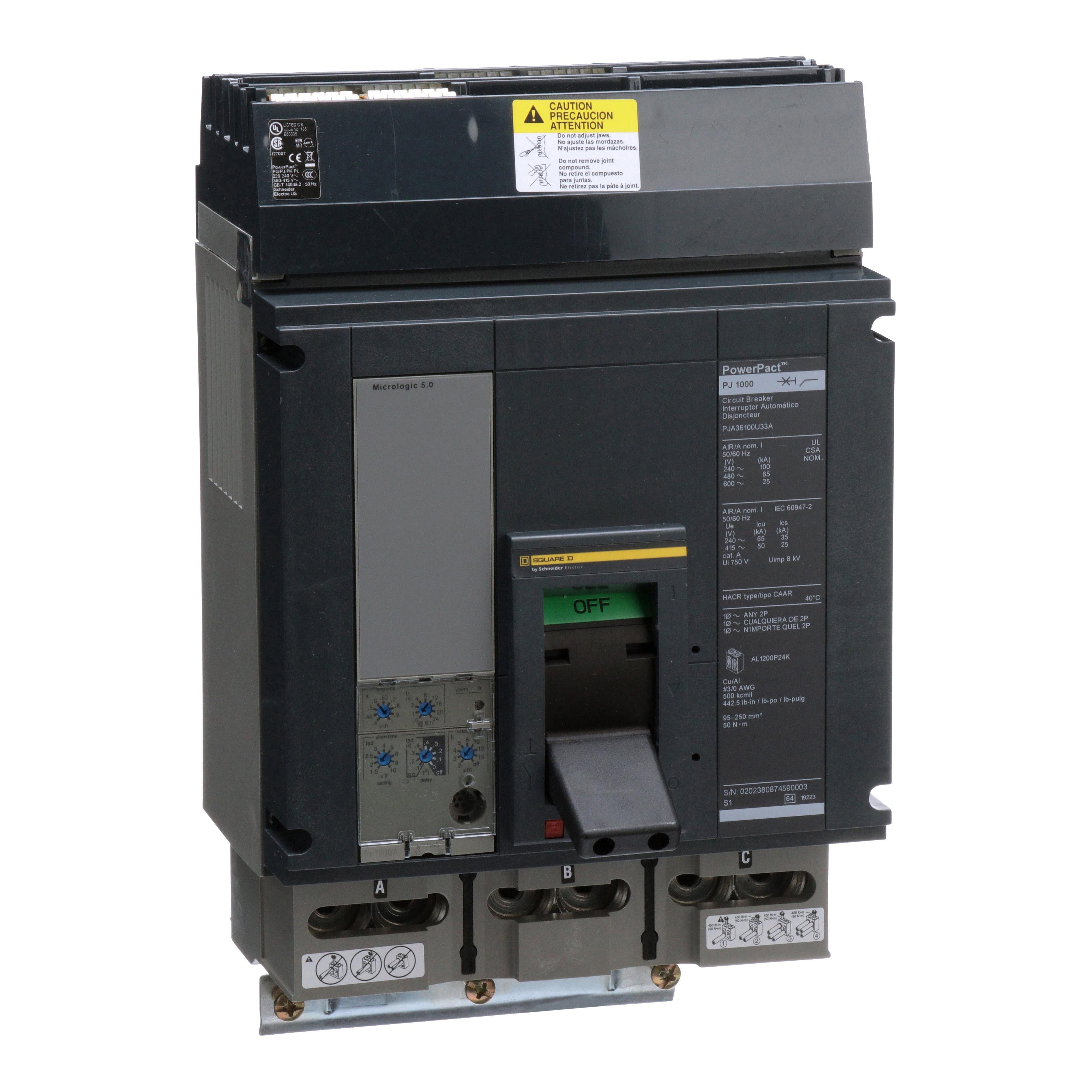 PJA36100U33A - Circuit breaker, PowerPacT P, 1000A, 3 pole, 600VAC, 25kA, I-Line, Micrologic 5.0, 80%, ABC