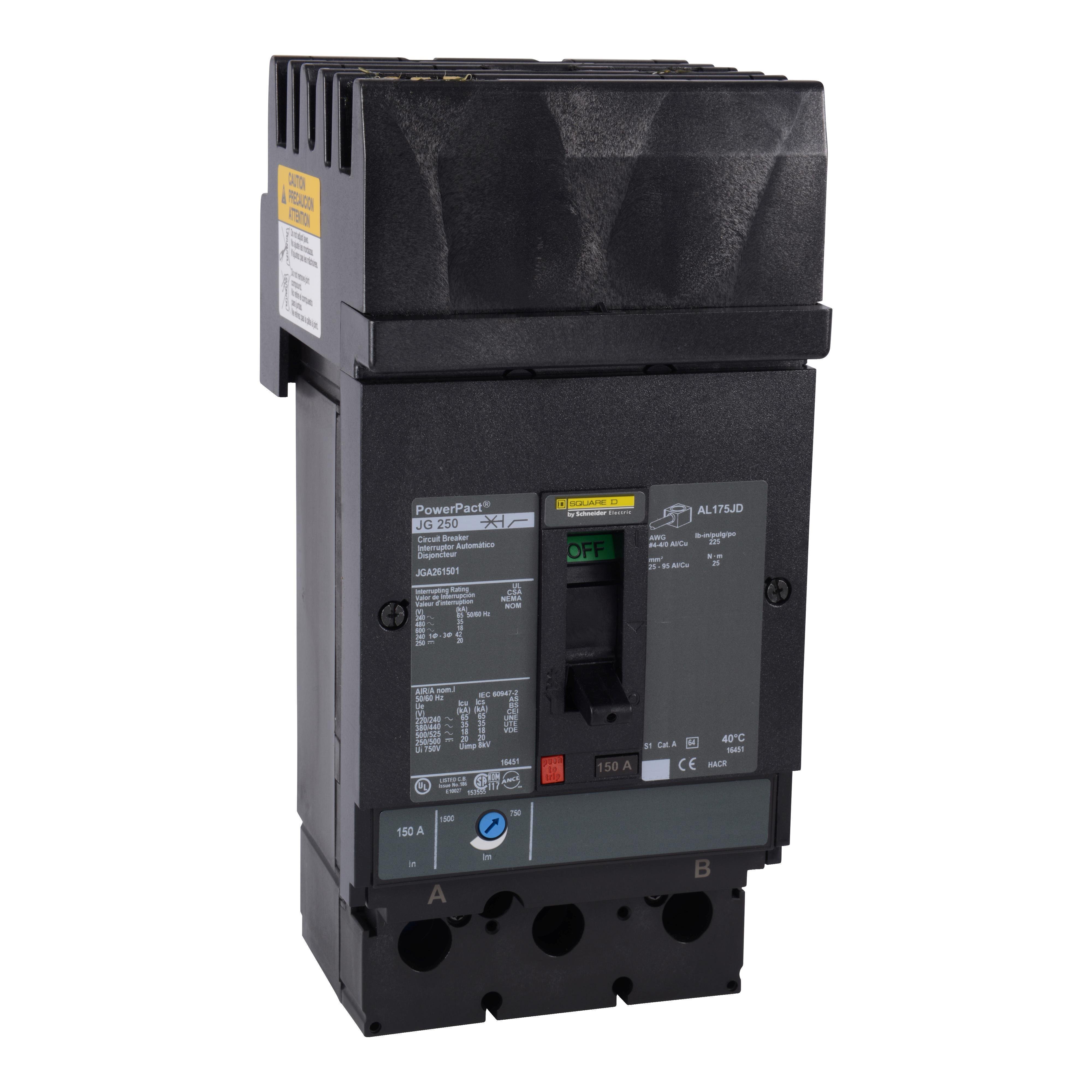 JGA262004 - Circuit breaker, PowerPacT J, 200A, 2 pole, 600VAC, 18kA, I-Line, thermal magnetic, 80%, BC