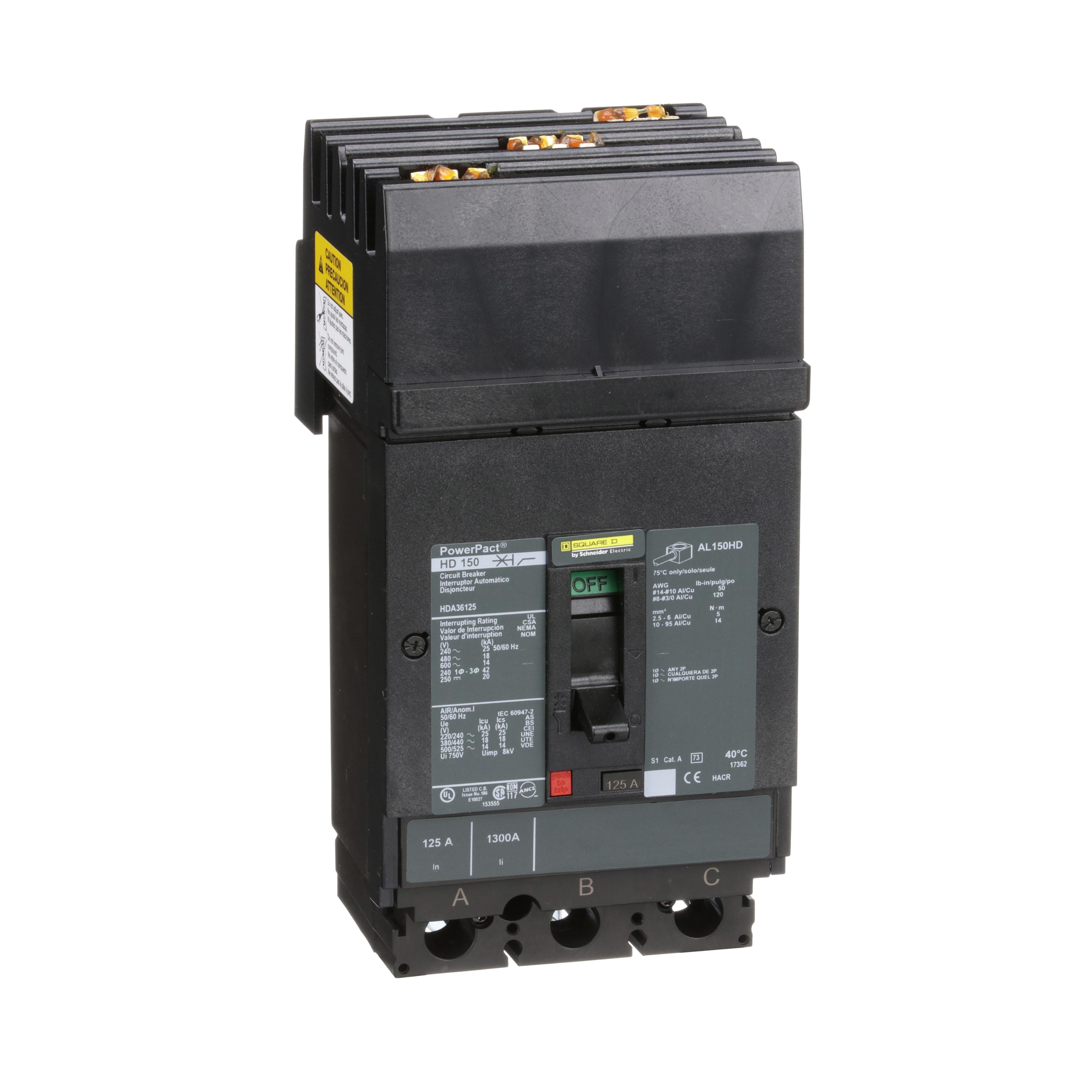 HDA36125 - Circuit breaker, PowerPacT H, 125A, 3 pole, 600VAC, 14kA, I-Line, thermal magnetic, 80%, ABC
