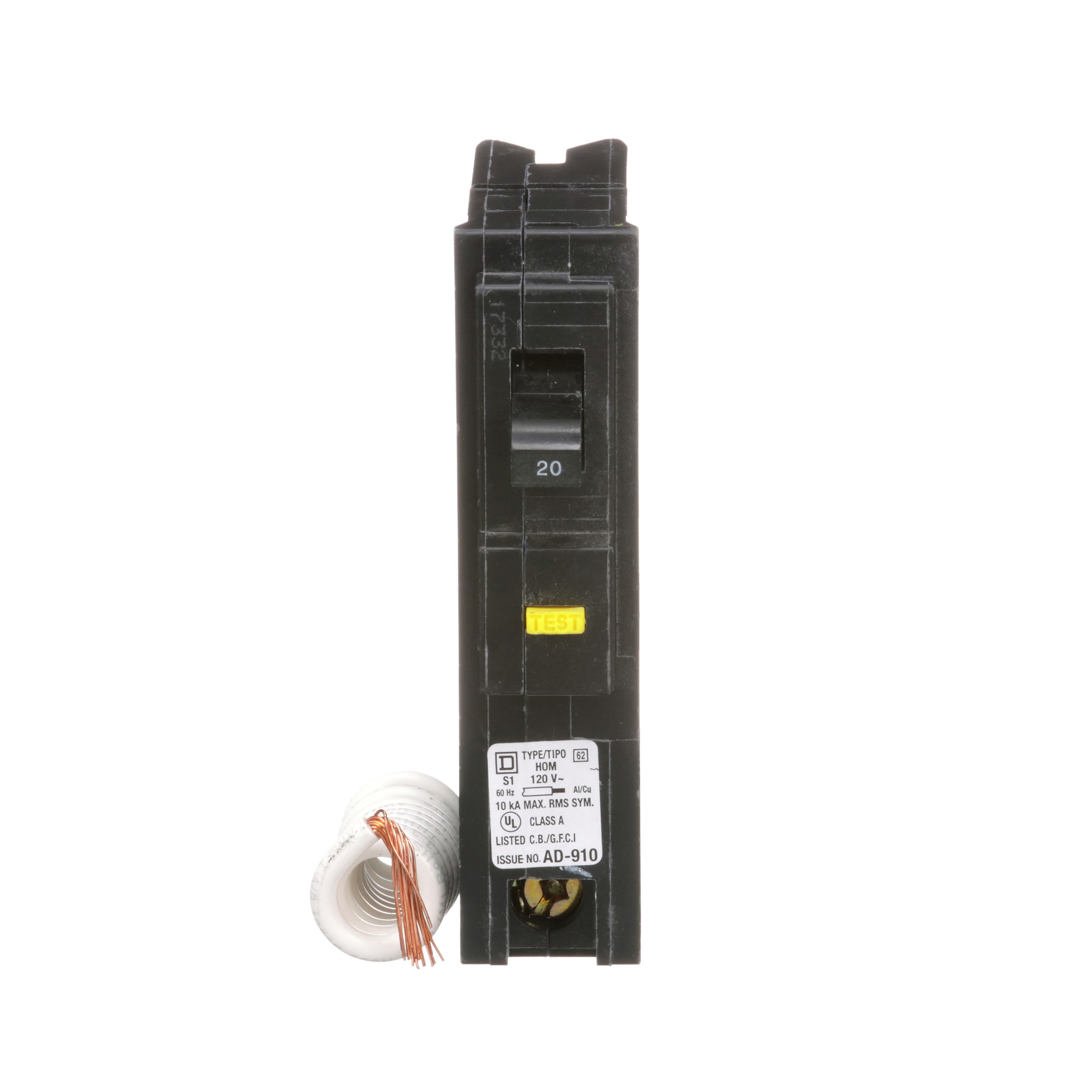 Picture of HOM120GFI - [TAA] Mini circuit breaker, Homeline, 20A, 1 pole, 120VAC, 10kA AIR, ground fault class A, plug in, UL
