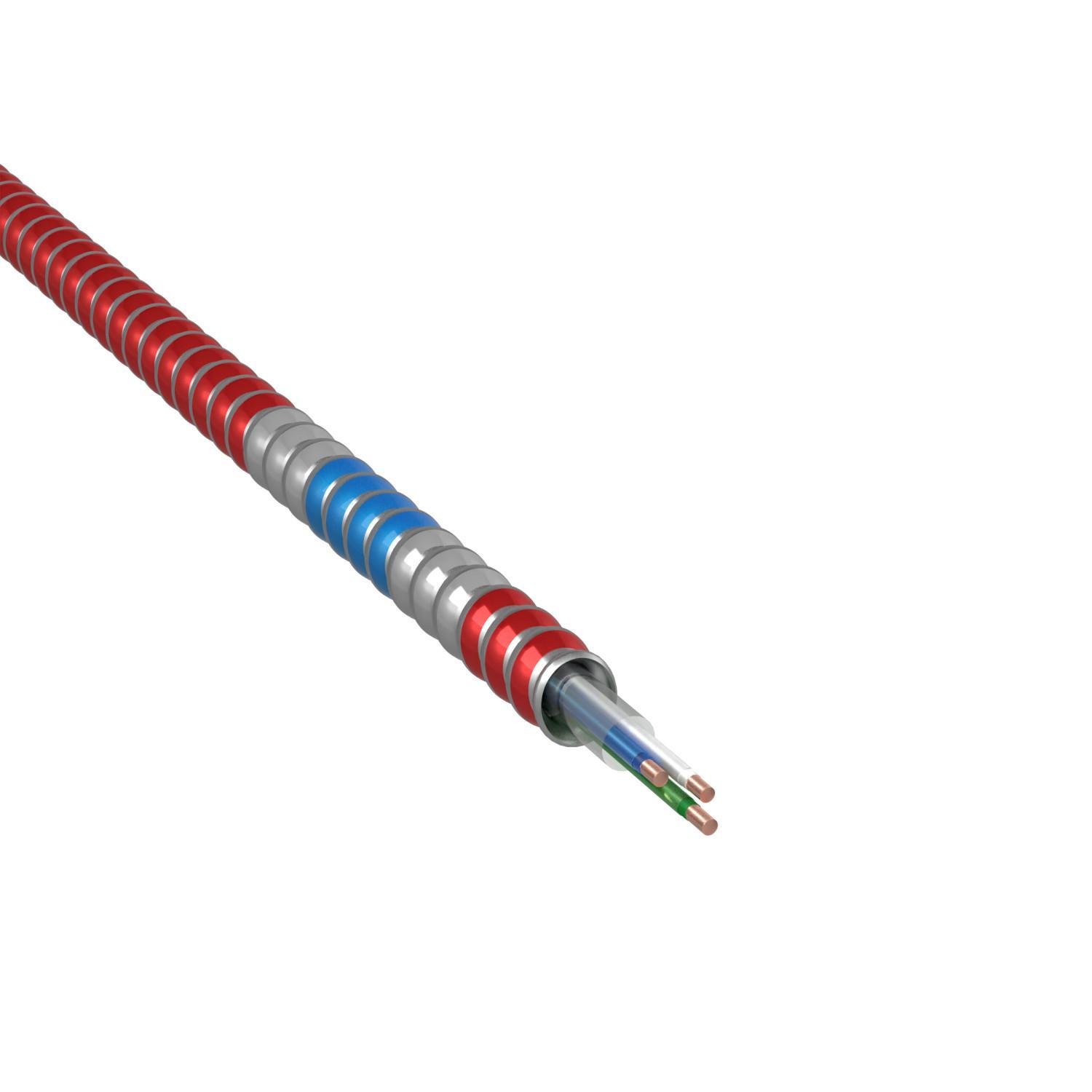 Picture of 1828R42-05 - 14-2(TSP)/14-1G BE WE GN Fire Alarm/Control Cable™ - Dual Rated - Type MC/FPLP, Red Interlocked Galvanized Steel Armor with blue stripe, 250' Coil,