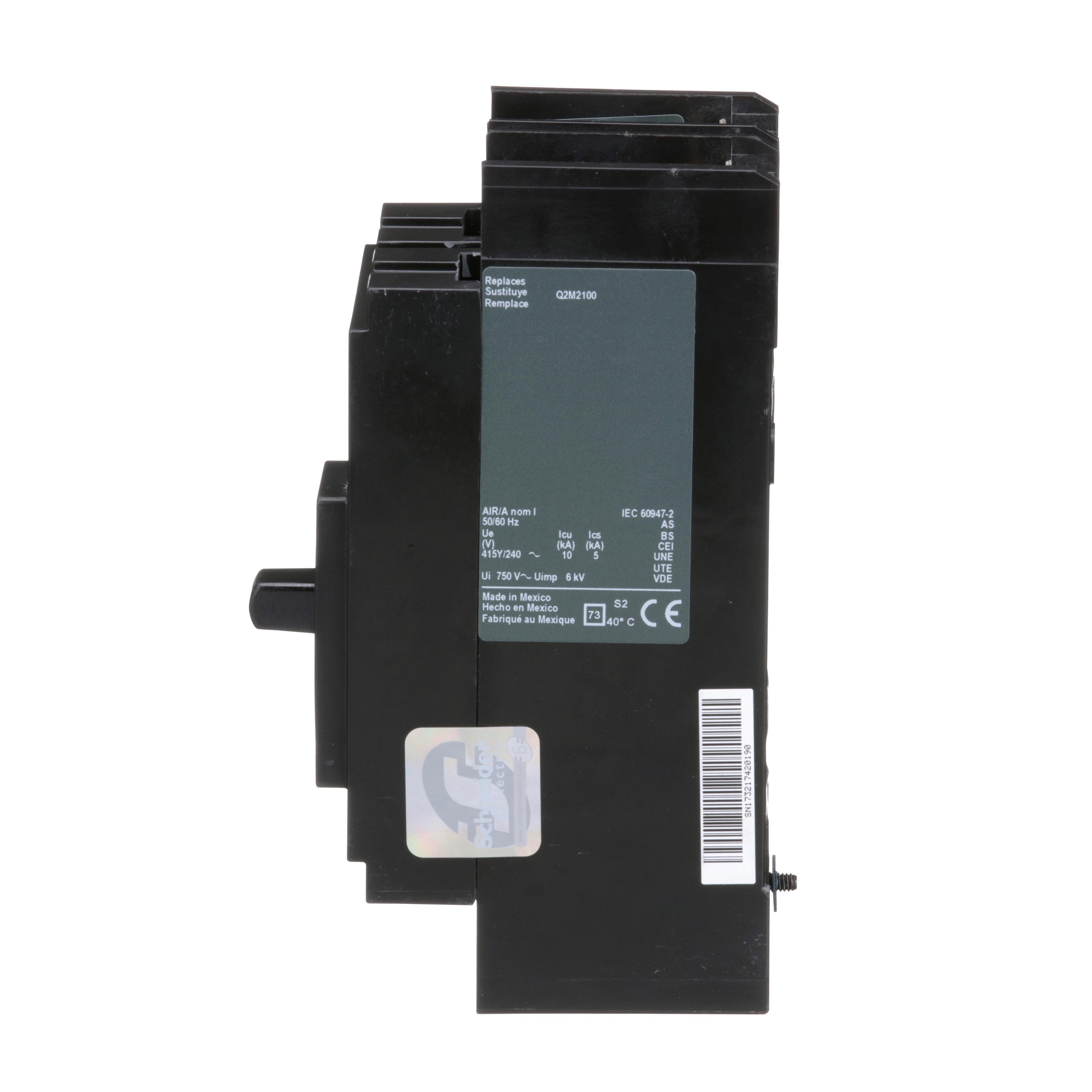 Picture of QBP22100TM - Circuit breaker, PowerPacT Q, 100A, 2 pole, 240VAC, 10kA, lugs, thermal magnetic, 80%, bottom of panel