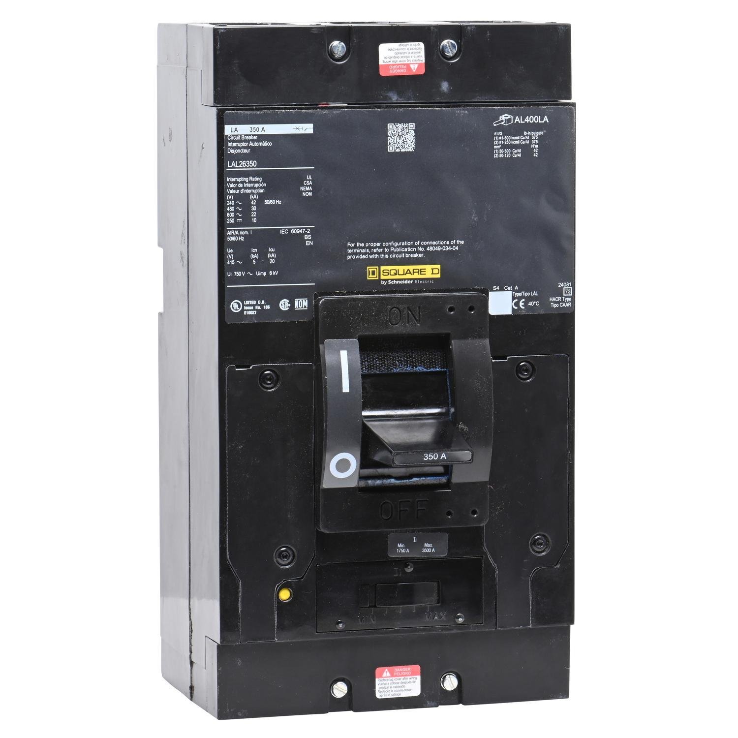 Picture of LAL26350 - Circuit breaker, LA, 350A, 2 pole, 600VAC, 22kA, 250VDC, 10kA, lugs, thermal magnetic