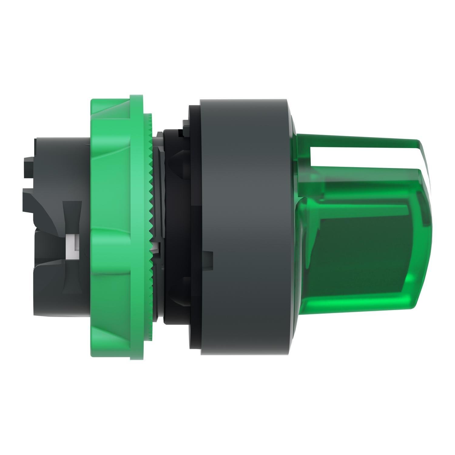 Picture of ZB5AK1233 - Head for illuminated selector switch, Harmony XB5, Harmony XALF, grey plastic, green handle, 22mm, universal LED, 2 positions
