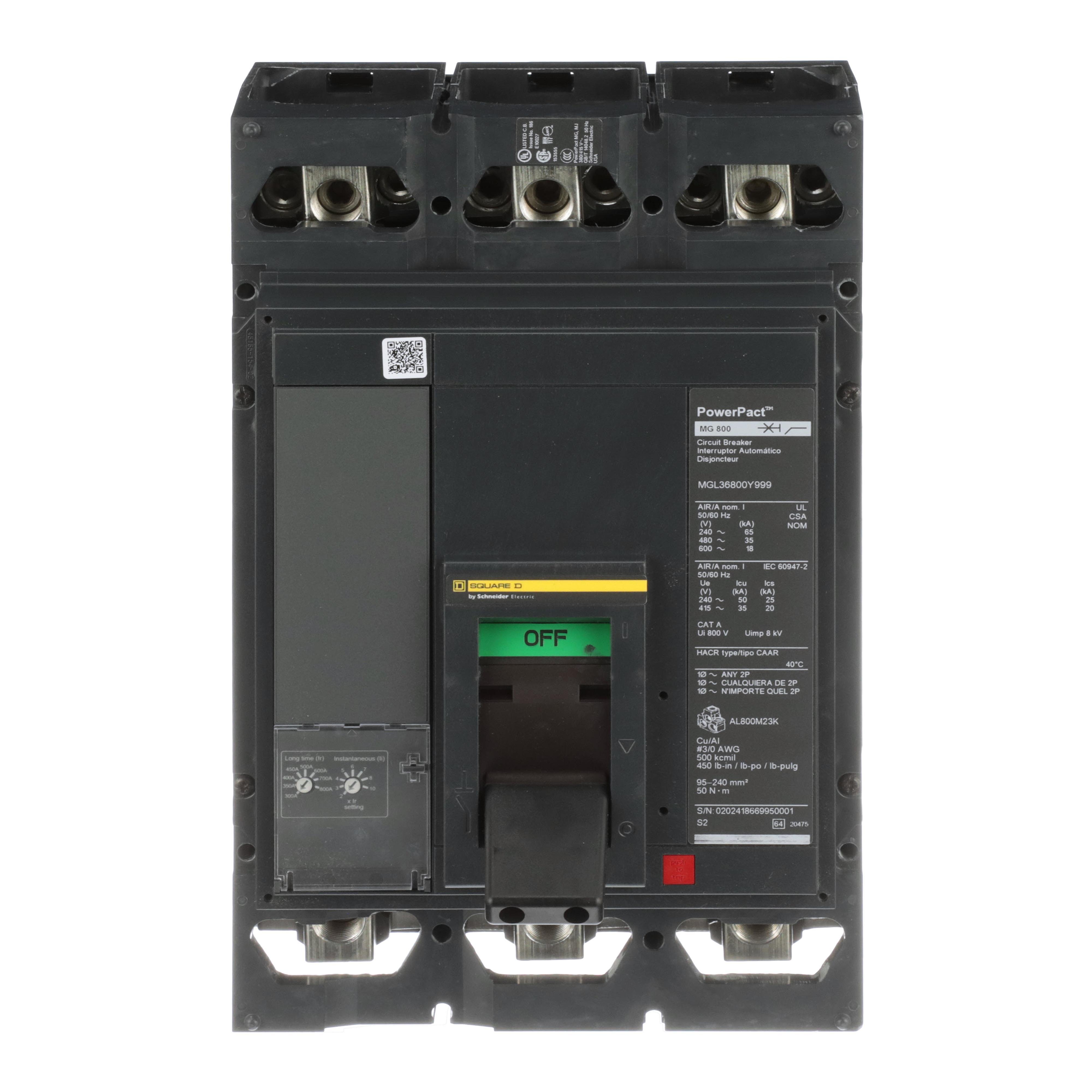 MJL36800E10 - Circuit breaker, PowerPacT M, 300A to 800A, 3 pole, 600VAC, 25kA, lugs, adjustable trip, 80%