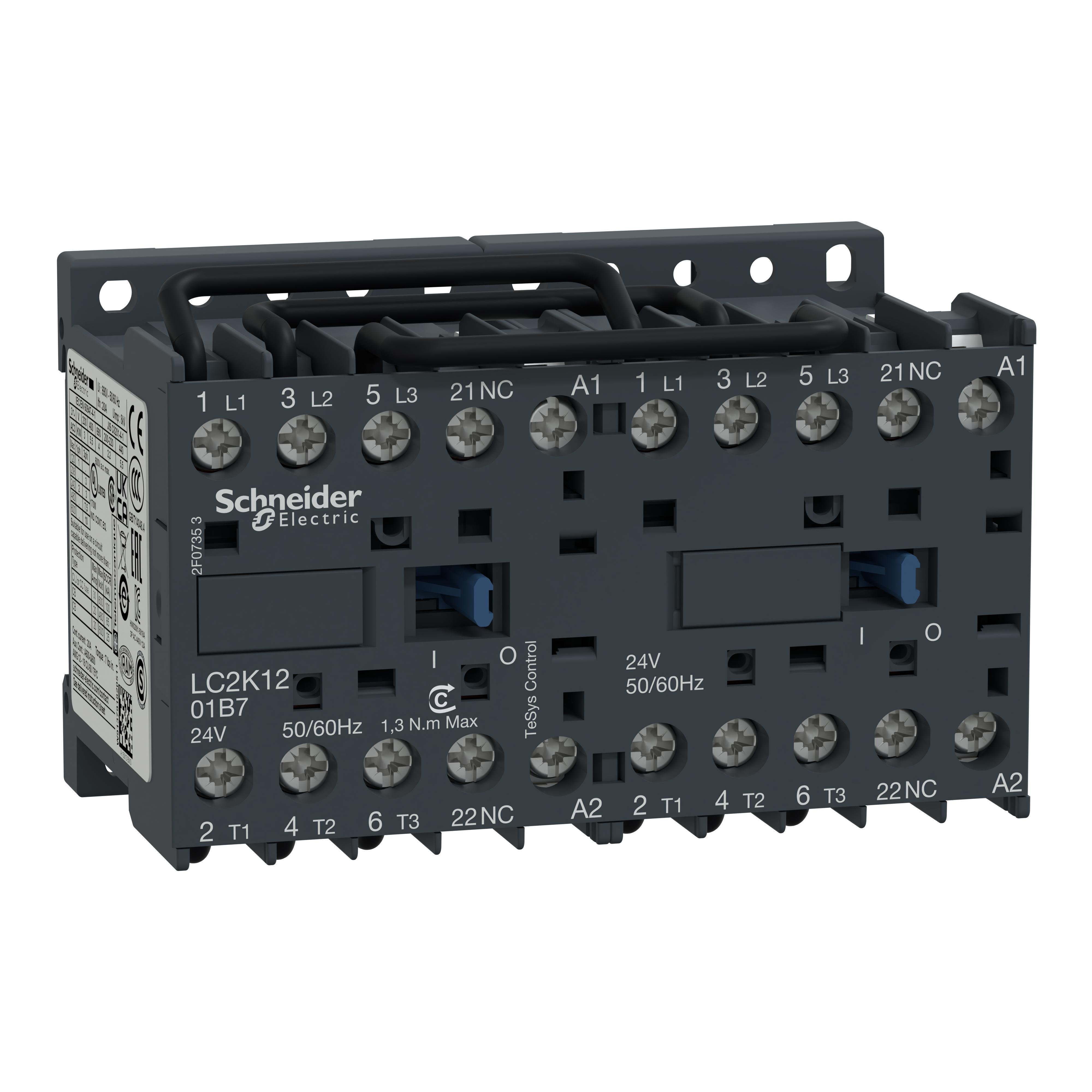 LC2K1201G7 - Reversing contactor, TeSys K, 3P, AC-3, lt or eq to 440V 12 A, 1 NC, 120VAC coil