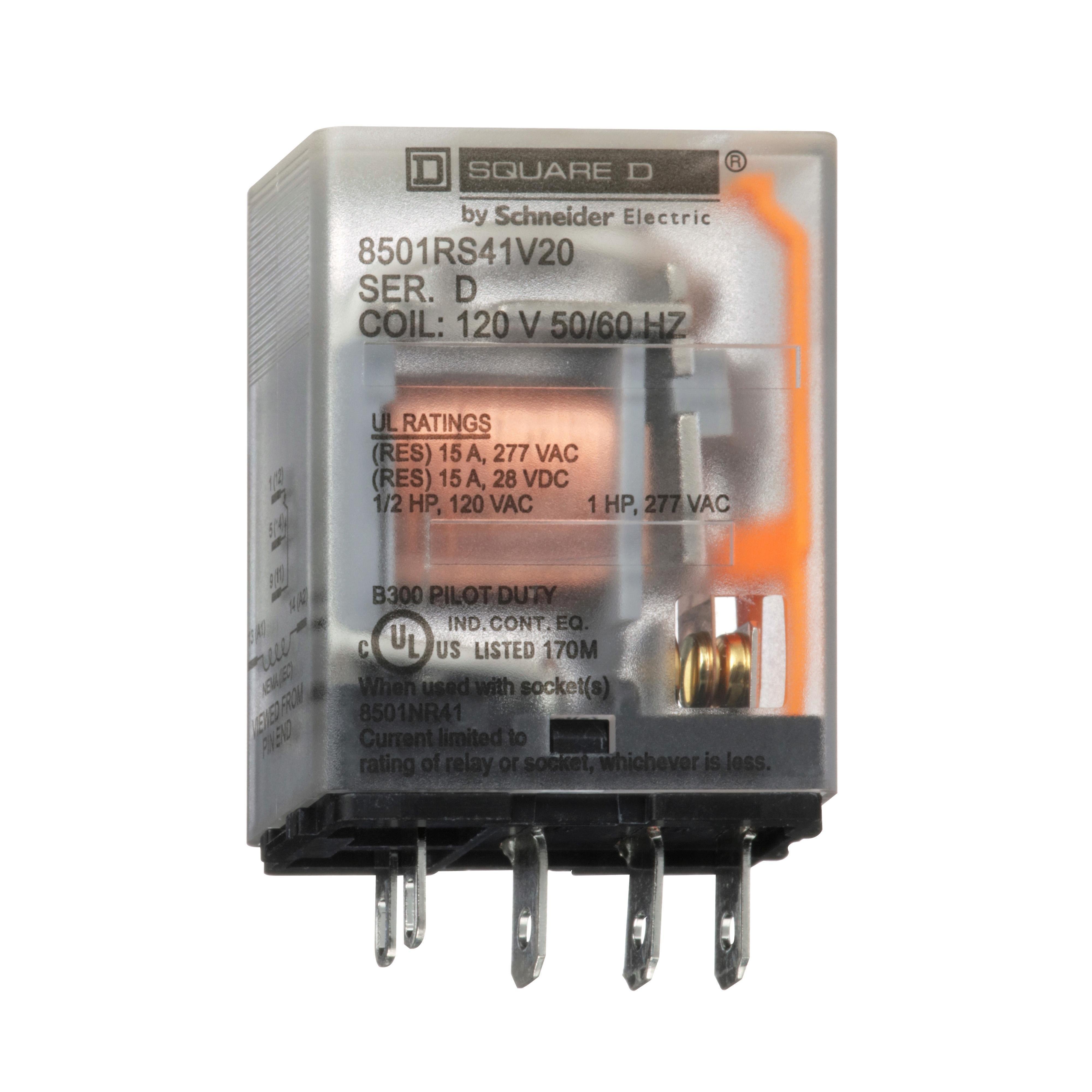 8501RS41V20 - Miniature Relay, Harmony 8501R, SPDT, 5 blades, coil, 15A resistive at 120V AC, 1HP at 277V AC, 120V AC, 1NO+ 1NC