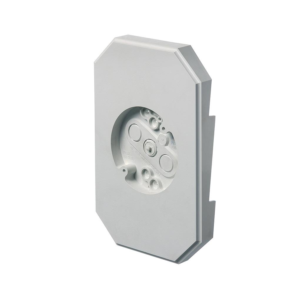 8141DBL - Siding mounting kit with built in electrical box. 6.8 cubic inch box. Kit includes NM cable connector. 4 mounting screws. For 1/2" lap siding double 4". 6.9 x 10.2 mounting surface.