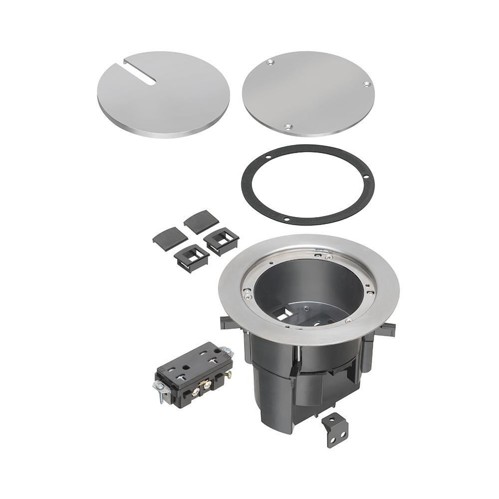 FLBR5420NL - TWO low voltage openings with built-in divider, an ultra-thin stamped steel flange, and flush-to-the-floor in-use and blank covers. Has a nickel plated finish.