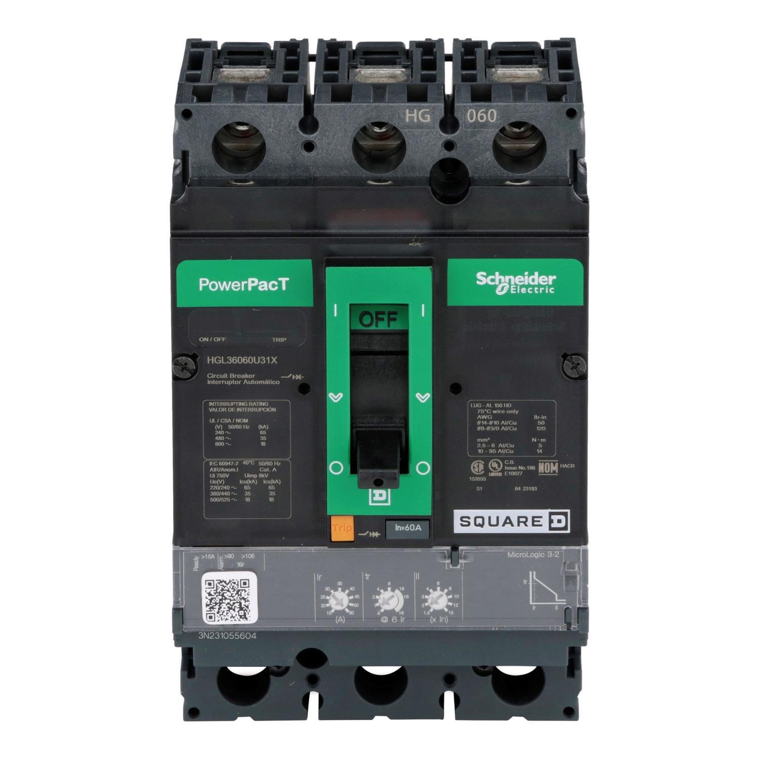 HGL36060U31X - Circuit breaker, PowerPacT H, 60A, 3 pole, 600VAC, 18kA, lugs, Micrologic 3.2, 80%