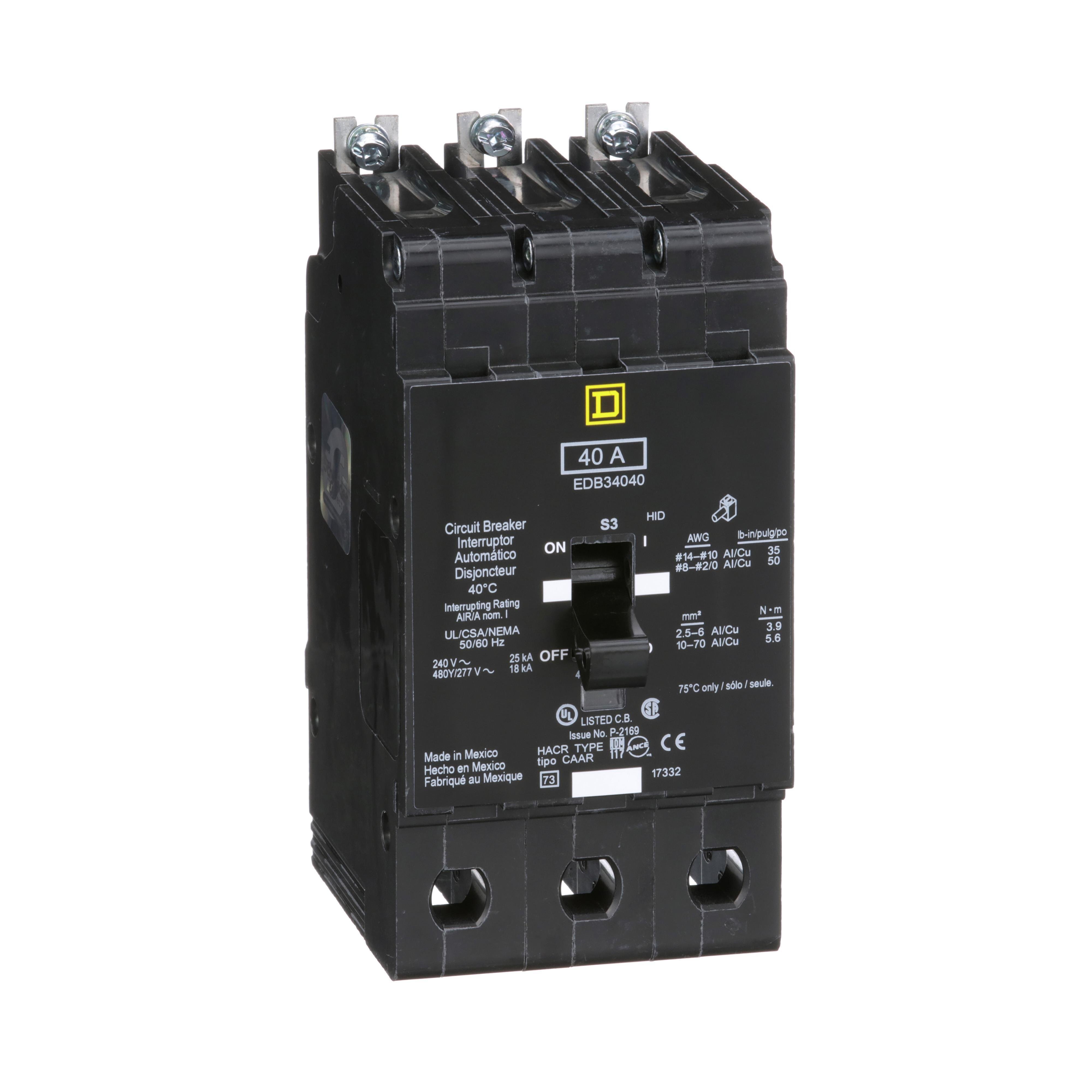 EDB34040 - [TAA] Mini circuit breaker, E-Frame, 40A, 3 pole, 480Y/277VAC, 25kA max, bolt on