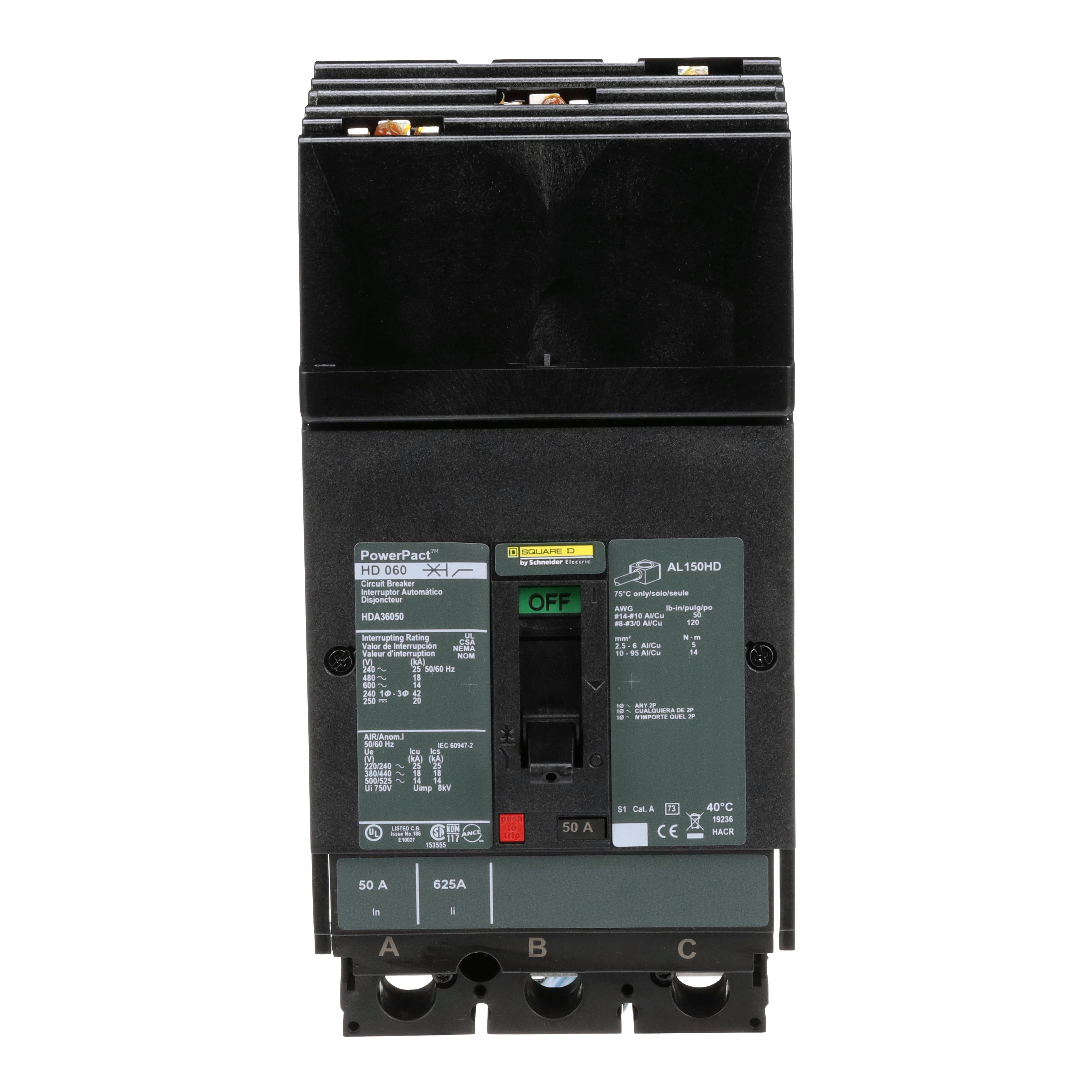 Picture of HDA36050 - Circuit breaker, PowerPacT H, 50A, 3 pole, 600VAC, 14kA, I-Line, thermal magnetic, 80%, ABC