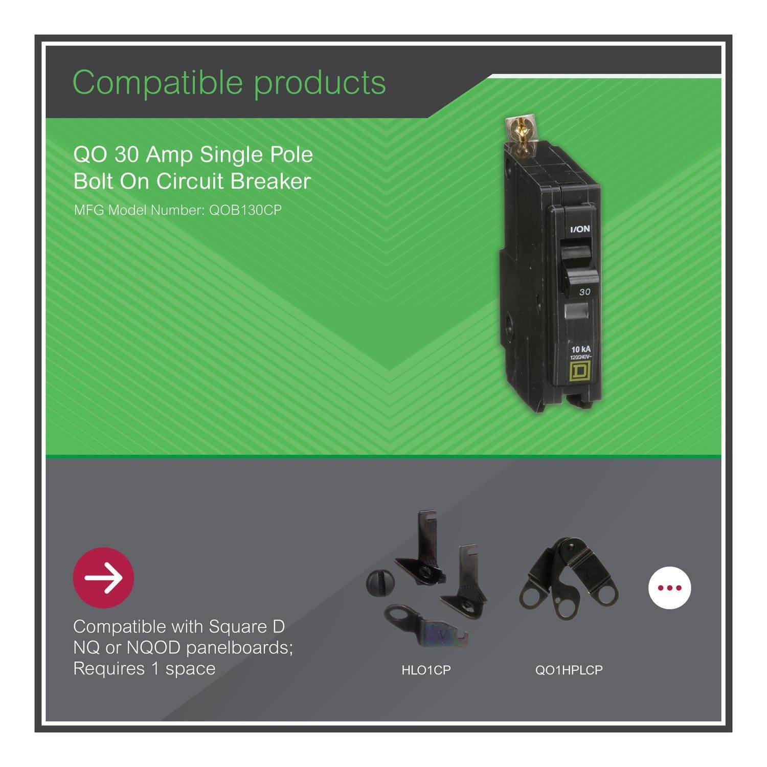 Picture of QOB130 - Mini circuit breaker, QO, 30A, 1 pole, 120/240VAC, 10kA, bolt on