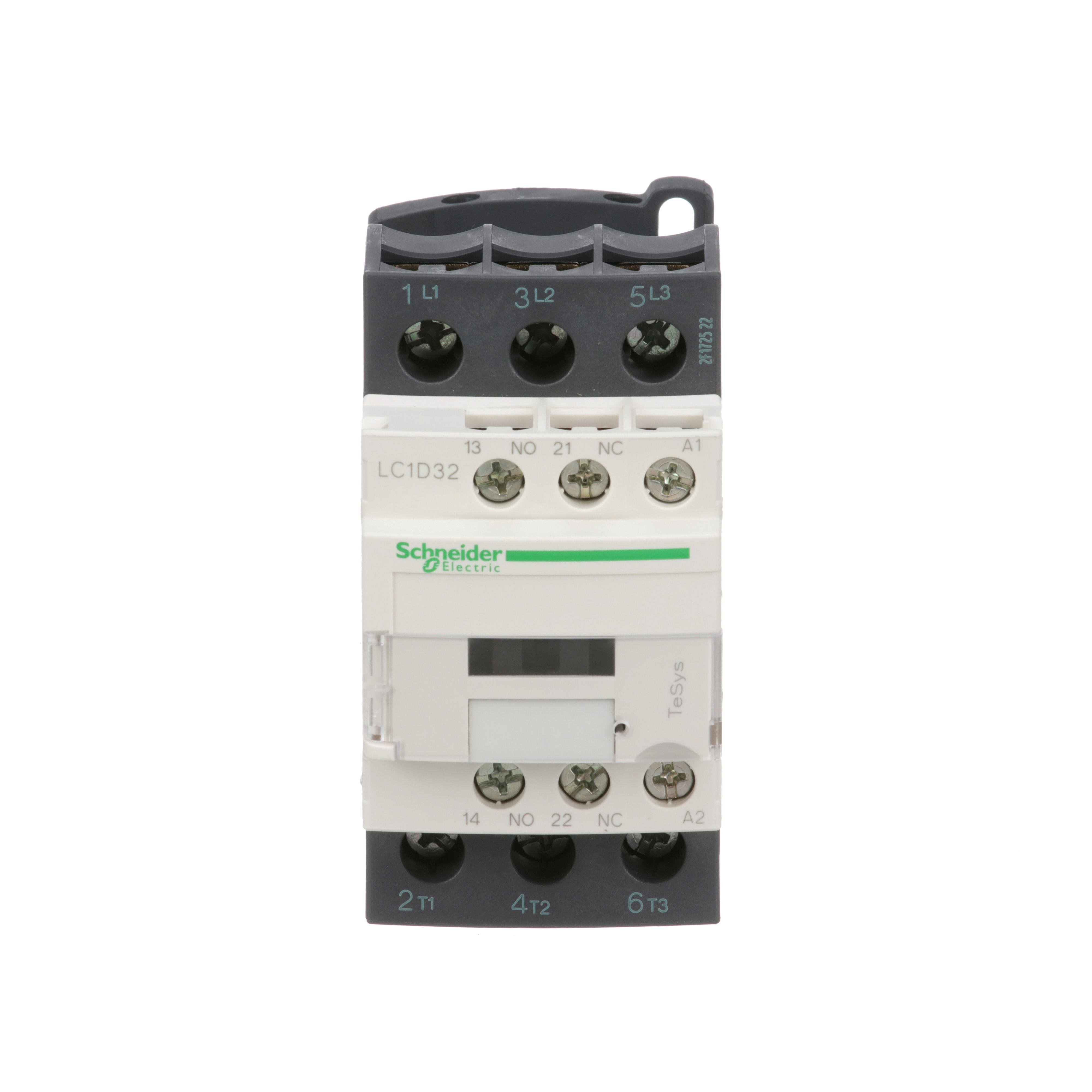LC1D32U7 - IEC contactor, TeSys Deca, nonreversing, 32A, 20HP at 480VAC, up to 100kA SCCR, 3 phase, 3 NO, 240VAC 50/60Hz coil, open