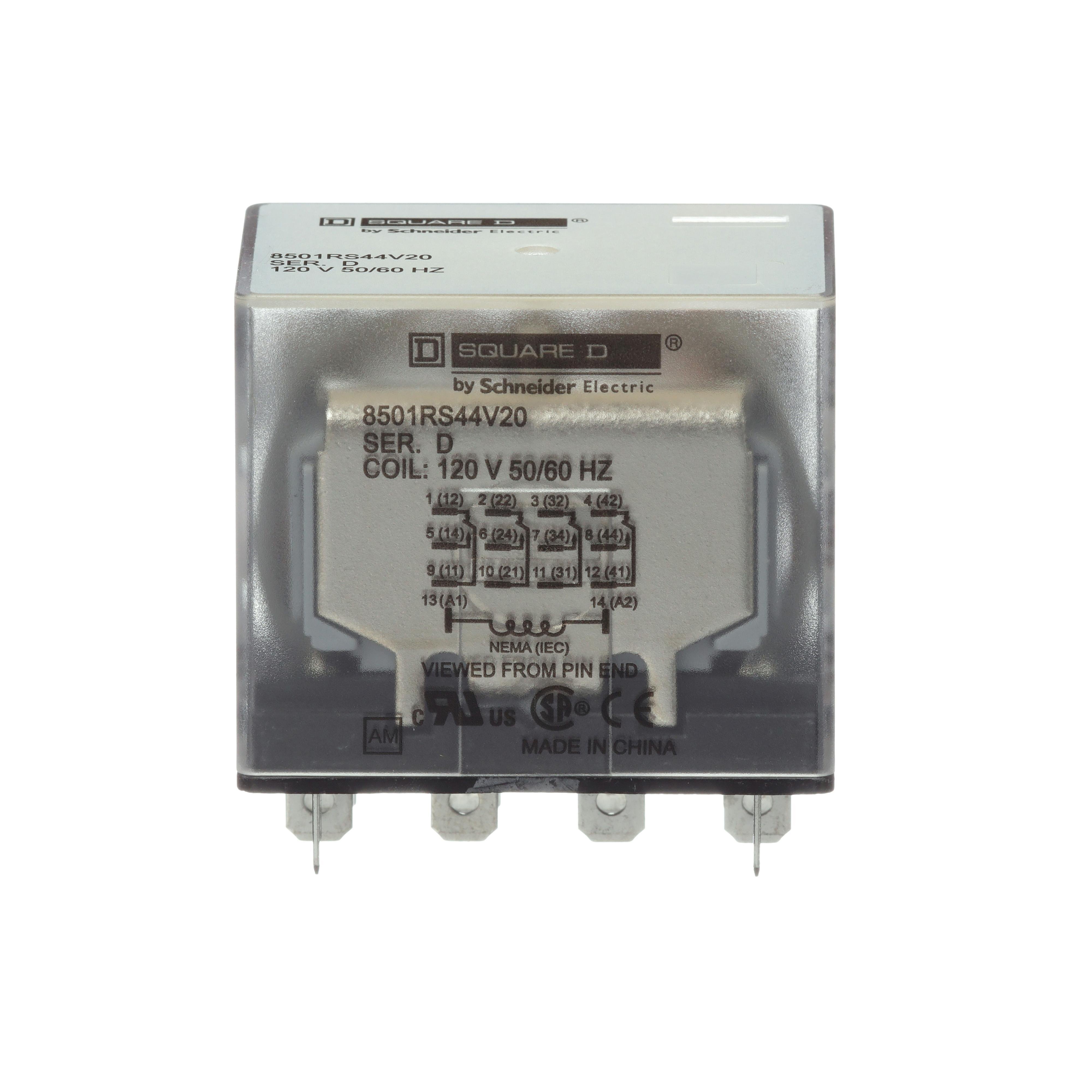 8501RS44V20 - Plug in relay, Type R, miniature, 1 HP at 277 VAC, 15A resistive at 120 VAC, 14 blade, 4PDT, 4 NO, 4 NC, 120 VAC coil
