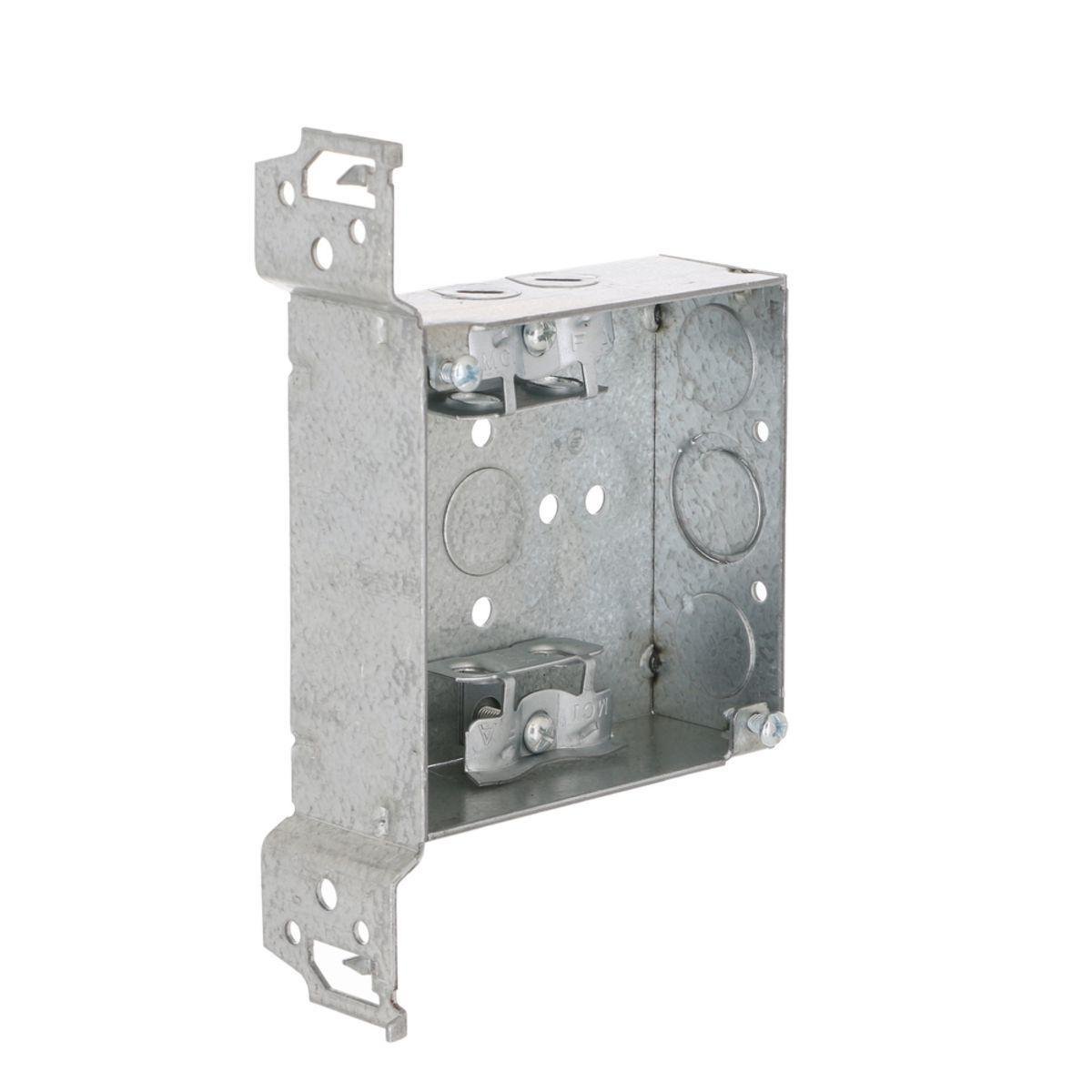 218 - 4 in. Square Box, Welded, 1-1/2 in. Deep with AC/MC/Flex Clamps, Three 1/2 in. KO's and One TKO, UBS, FS Bracket, Flush