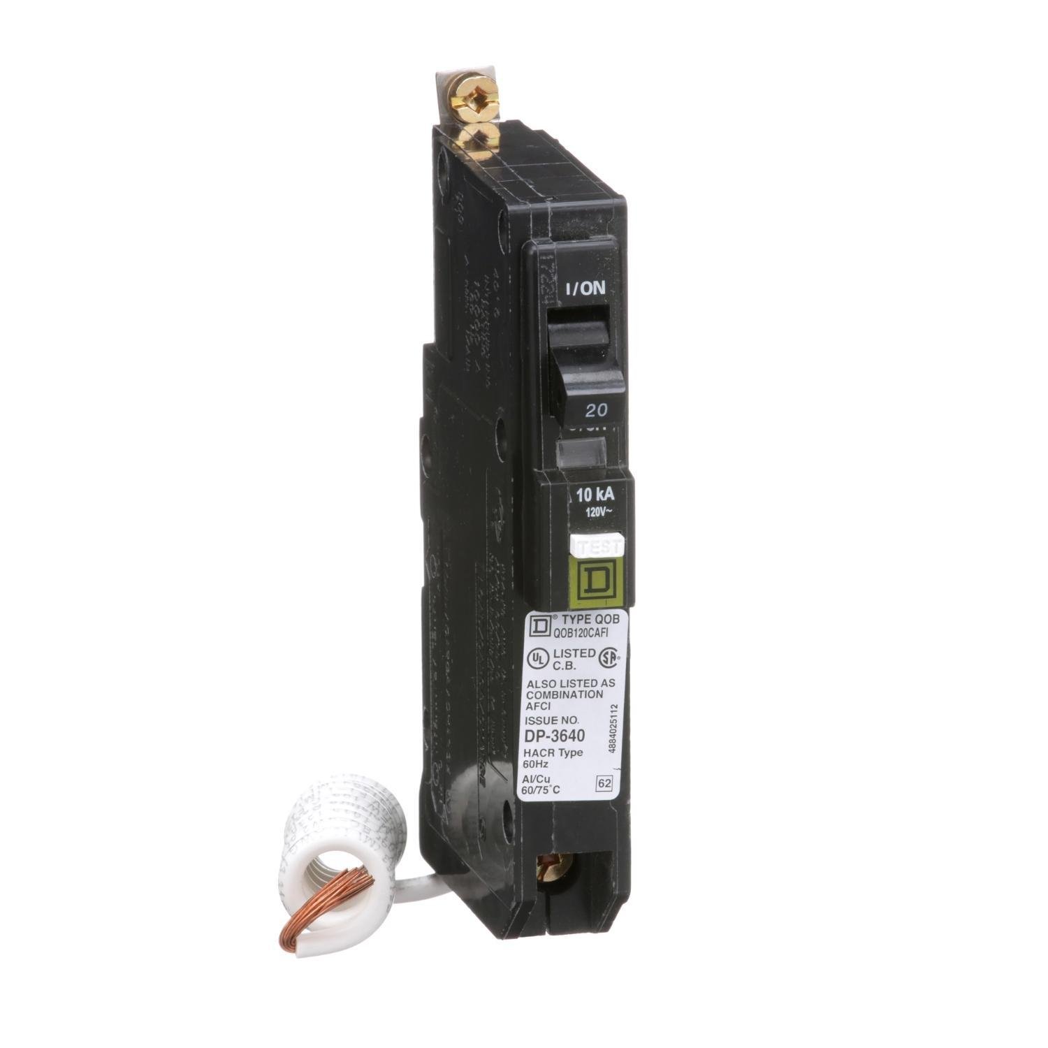Picture of QOB120CAFI - [TAA] Mini circuit breaker, QO, 20A, 1 pole, 120VAC, 10kA, bolt on, combo ARC fault, pigtail