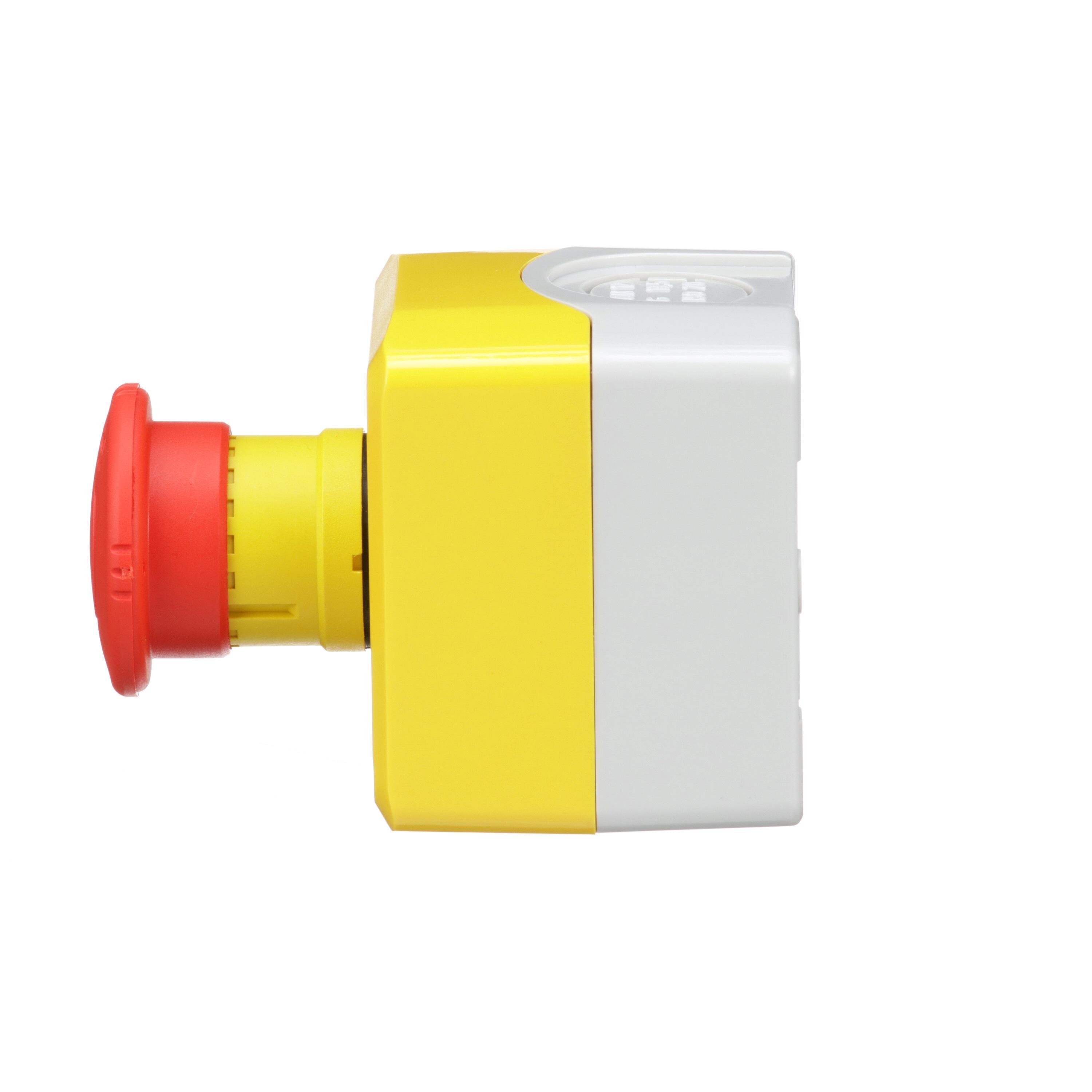 Picture of XALK178H7 - Harmony, yellow control station, red mushroom head push button, 40 mm turn to release, 1 NC