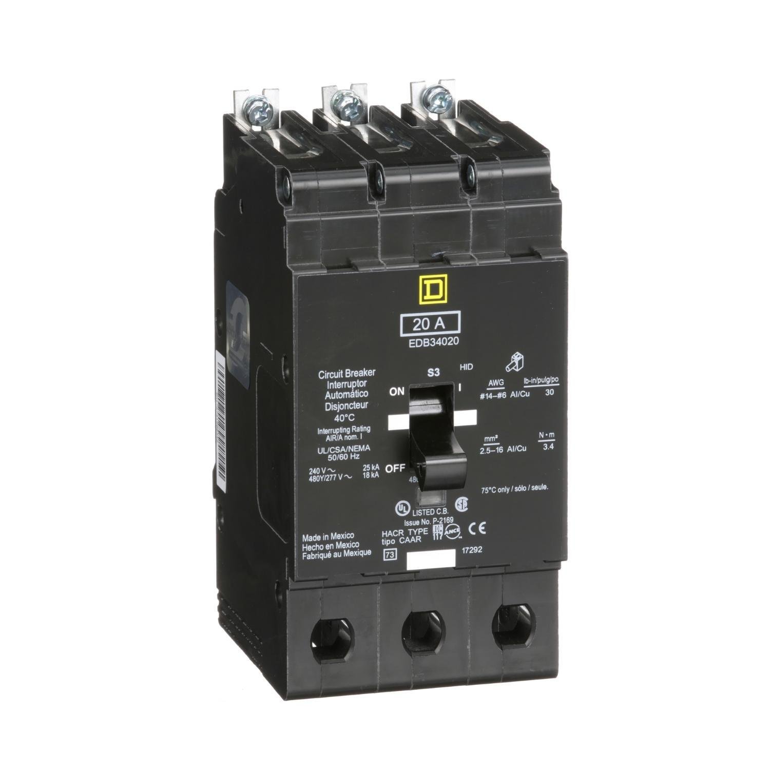 EDB34020 - [TAA] Mini circuit breaker, E-Frame, 20A, 3 pole, 480Y/277VAC, 25kA max, bolt on