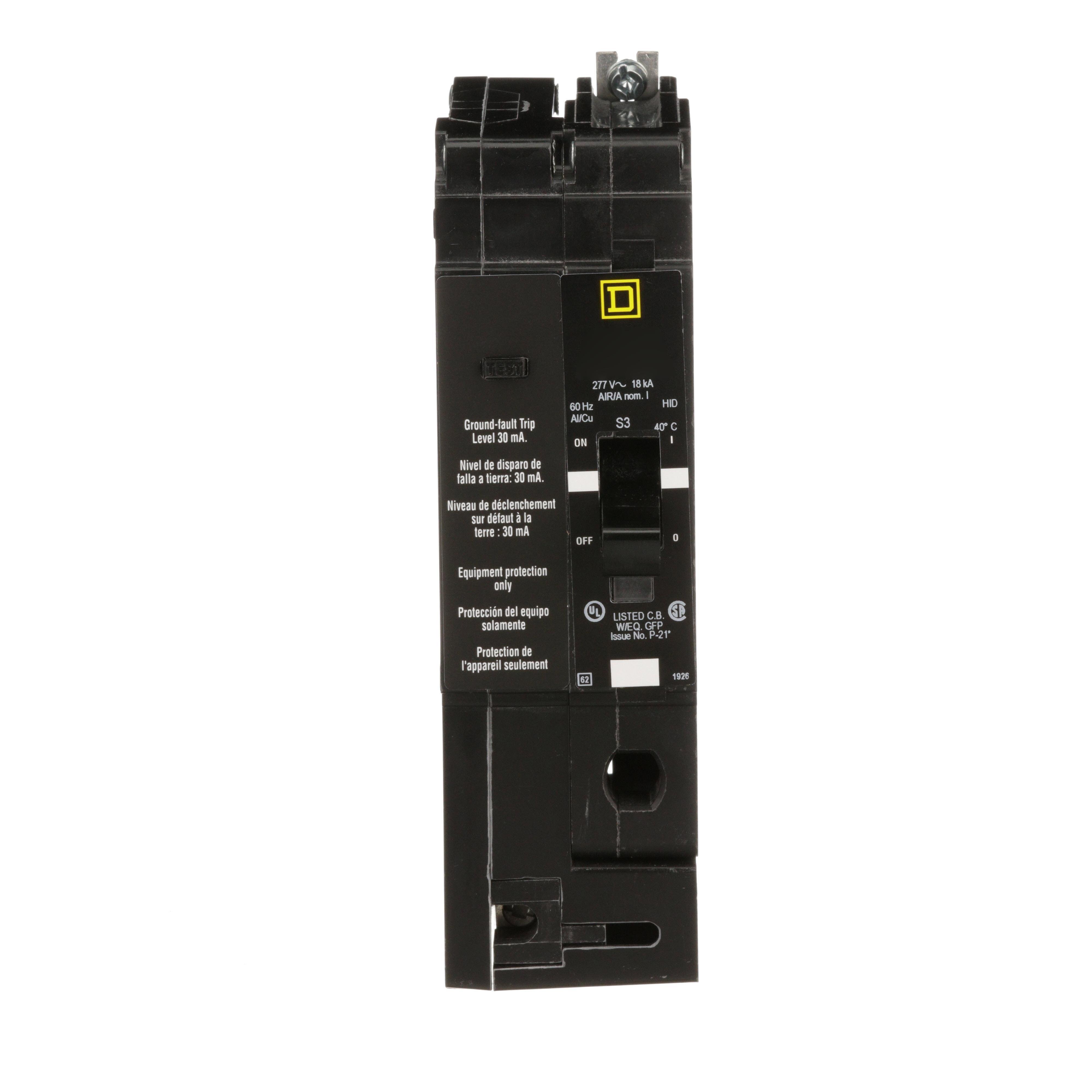 EDB14050EPD - Mini circuit breaker, E-Frame, 50A, 1 pole, 277VAC, 25kA max, bolt on, 30mA ground fault protection [TAA]