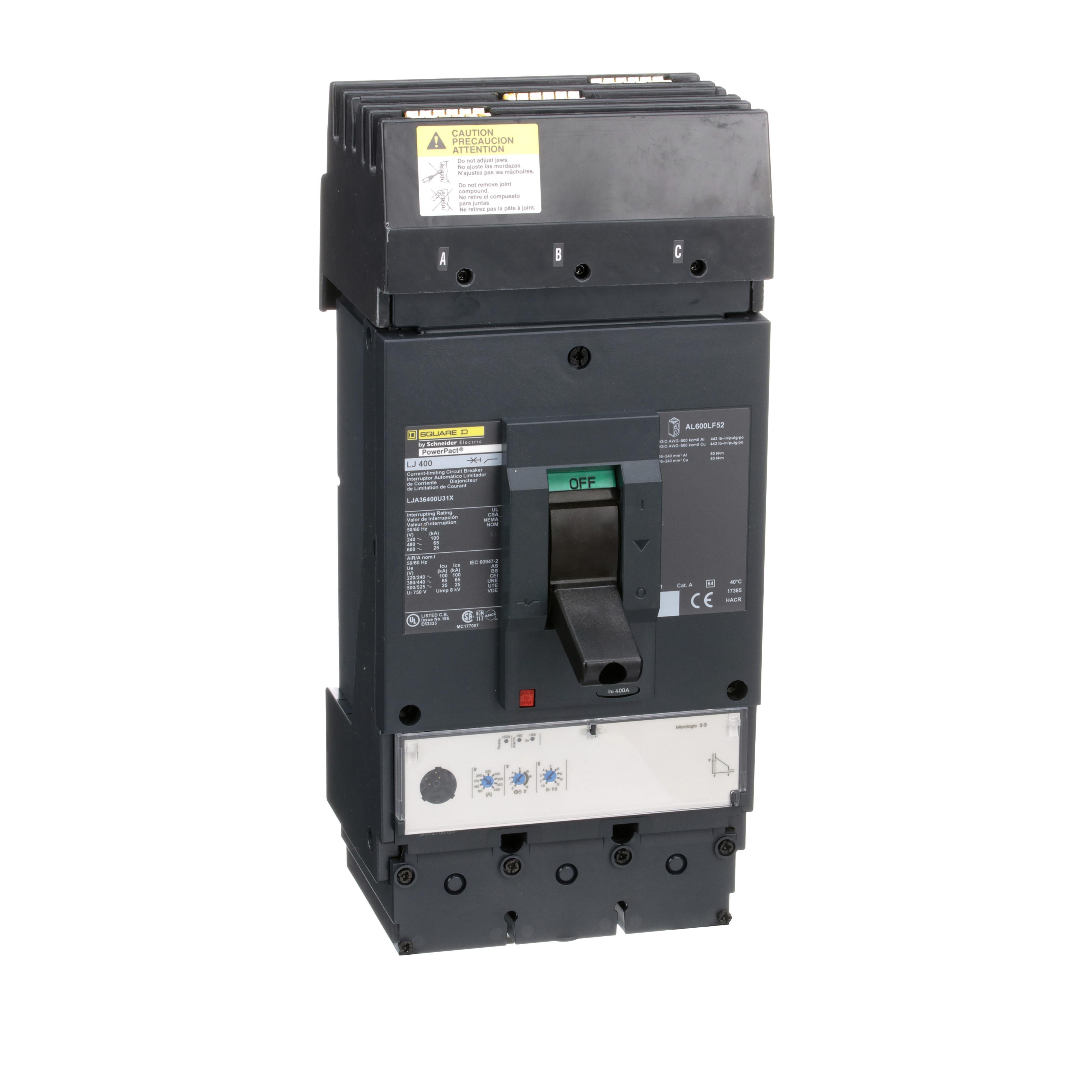 Picture of LJA36400U31X - Circuit breaker, PowerPacT L, 400A, 3 pole, 600VAC, 25kA, I-Line, MicroLogic 3.3, 80%, ABC