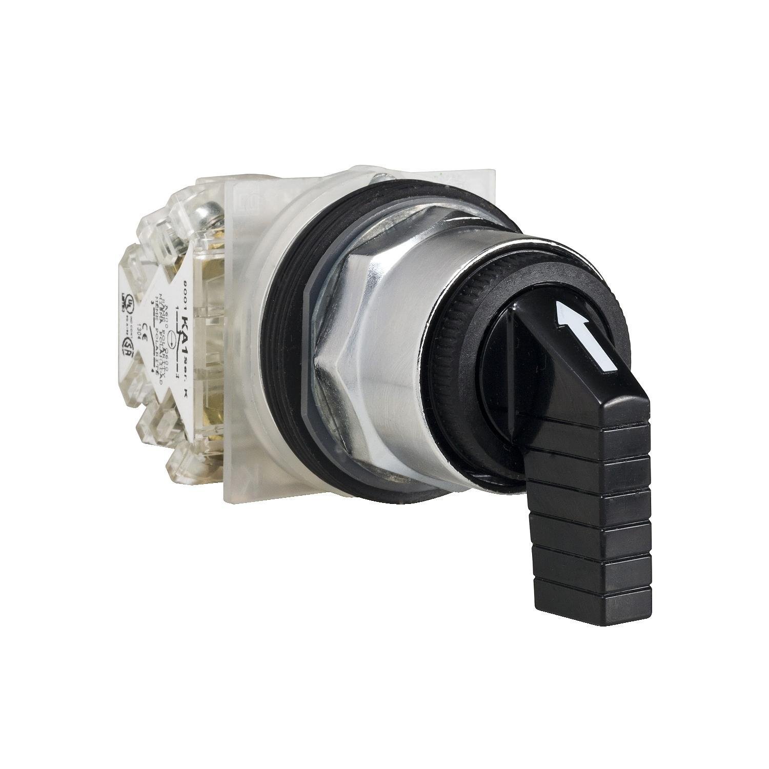 9001KS53FBH13 - Selector switch, Harmony 9001K, metal, black long handle, 30mm, 3 positions, return both sides to center, 1 change over