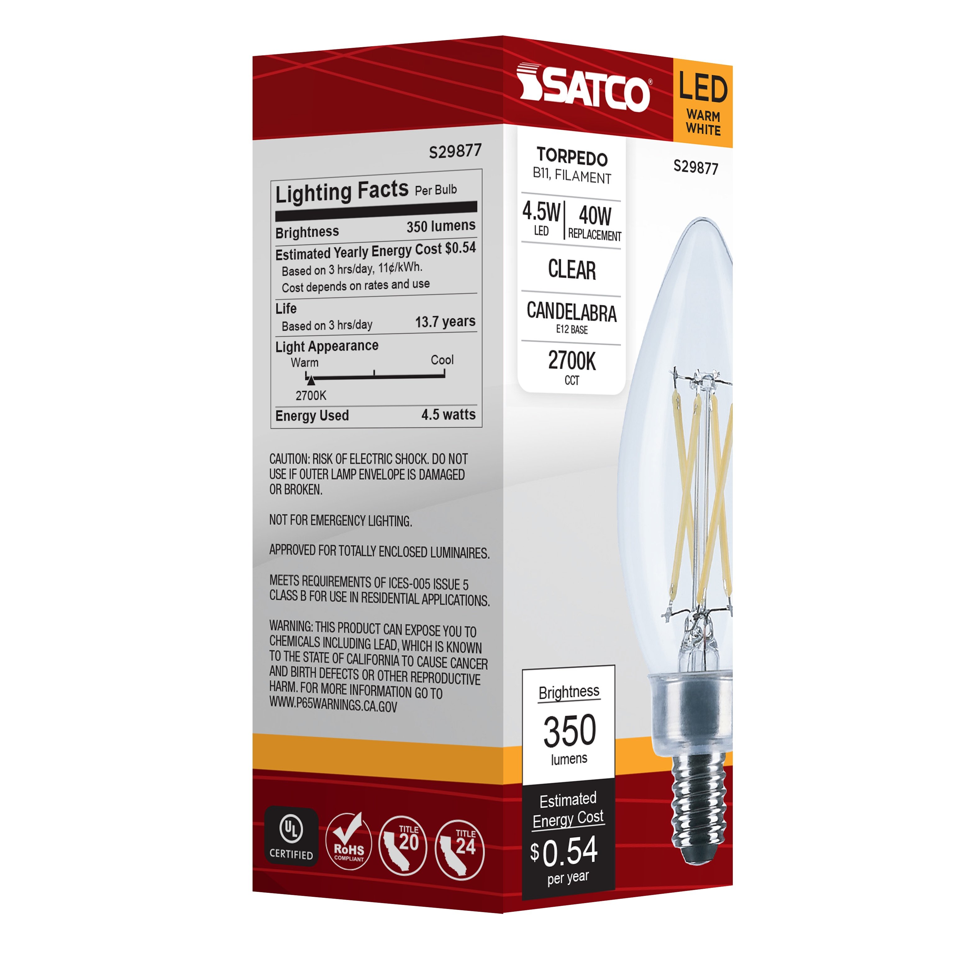 Picture of S29877 - 4.5 Watt B11 LED - Clear - Candelabra base - 2700K - 350 Lumens - 120 Volt