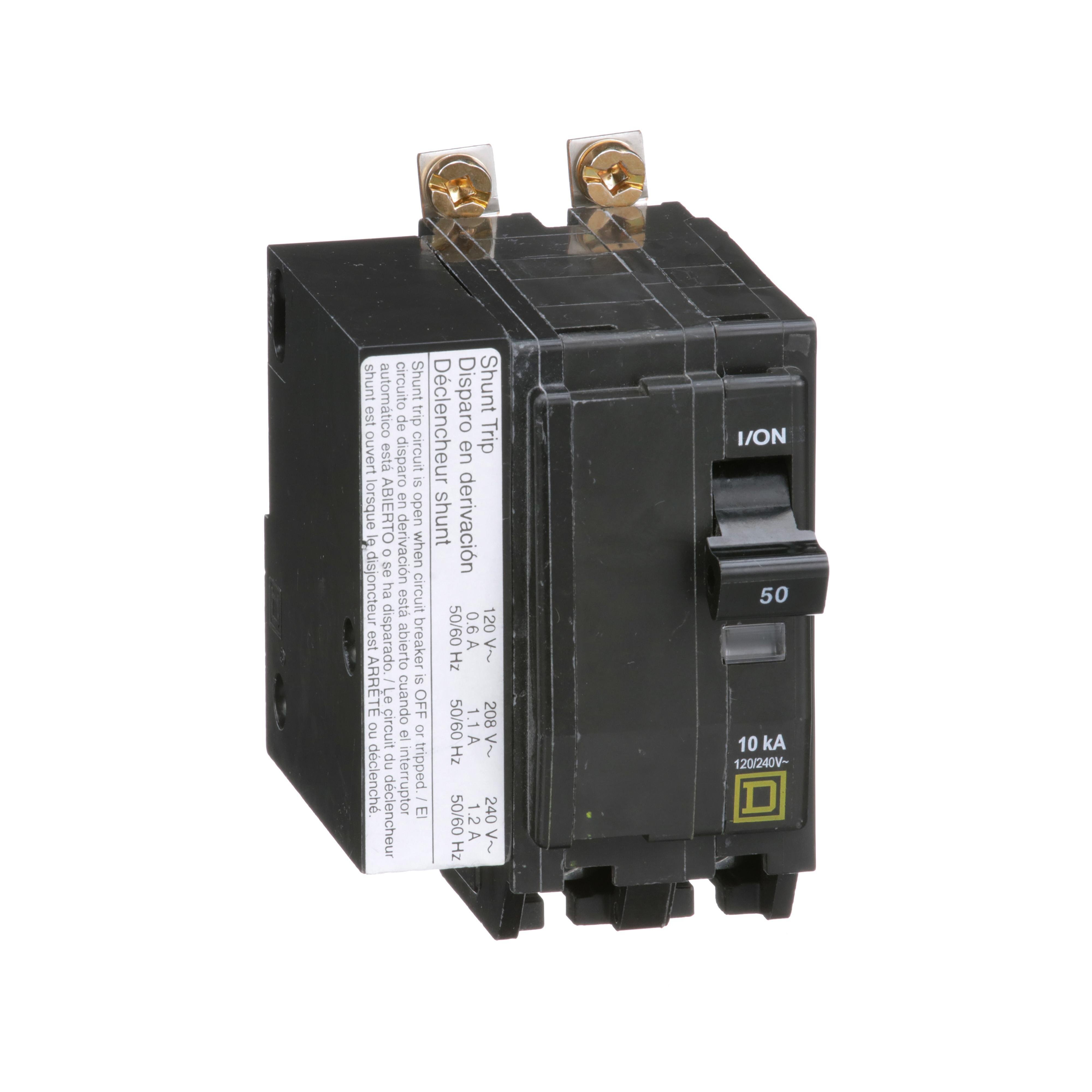 QOB2501021 - Mini circuit breaker, QO, 50A, 2 pole, 120/240VAC, 10kA, bolt on, AC shunt