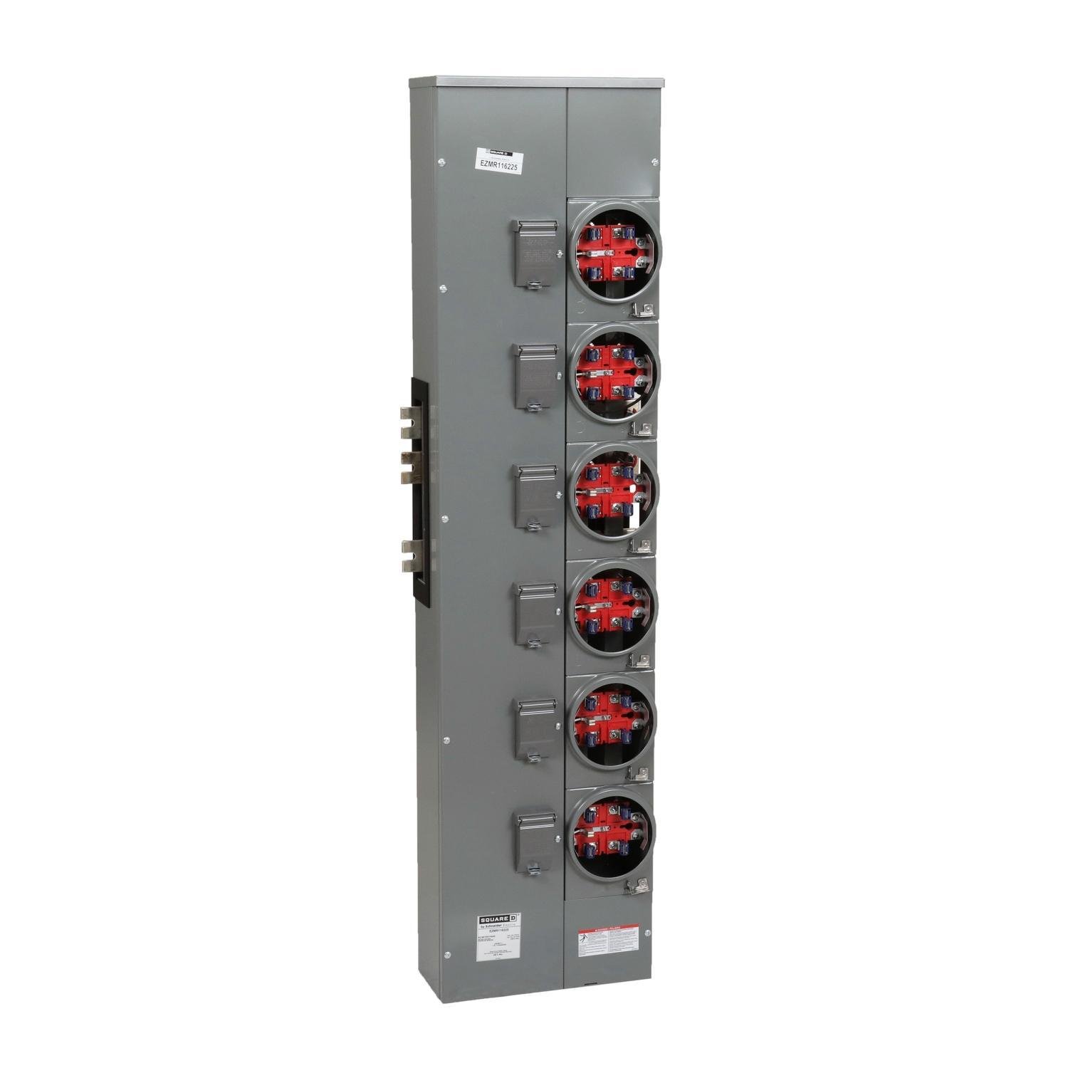 EZMR116225 - Branch unit, EZ Meter-Pak, 225A, 6 x 5 sockets, 120/240VAC, no bypass, ringless, 1200A Cu busbar