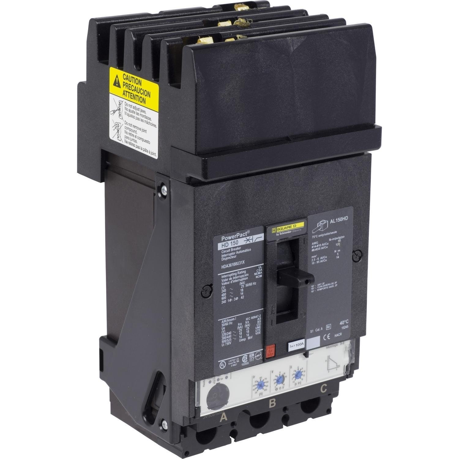 HDA36100U33X - Circuit breaker, PowerPacT H, 100A, 3 pole, 600VAC, 14kA, I-Line, Micrologic 3.2S, 80%, ABC
