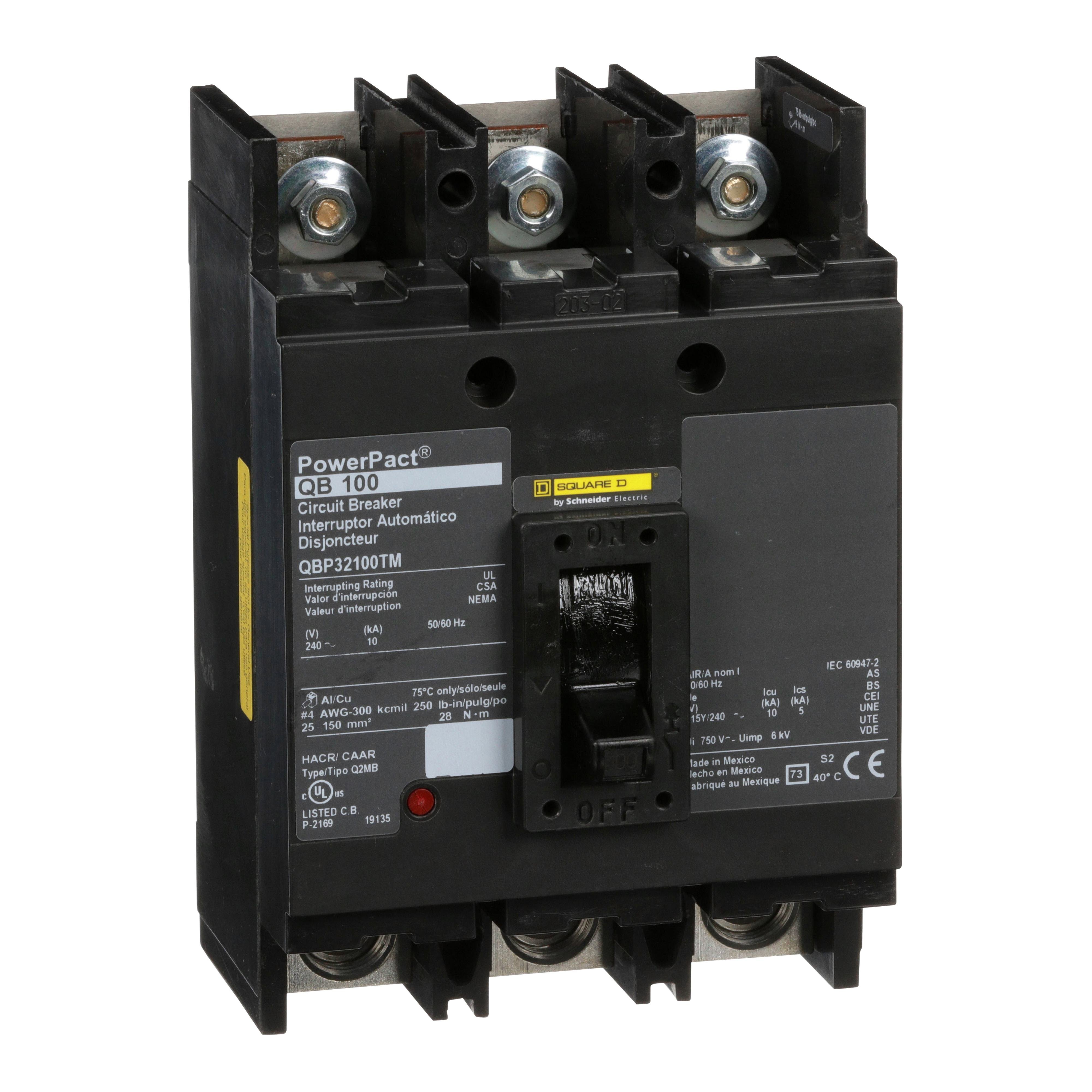 QBP32100TM - Circuit breaker, PowerPacT Q, 100A, 3 pole, 240VAC, 10kA, lugs, thermal magnetic, 80%, bottom of panel