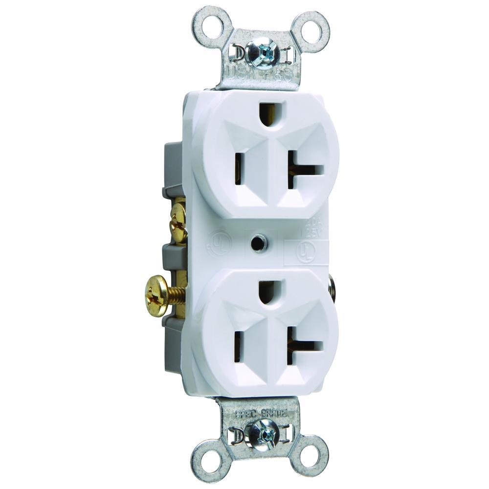 CR20-W - 20A 125V Commercial Spec-Grade Duplex Receptacle, Side Wire, White