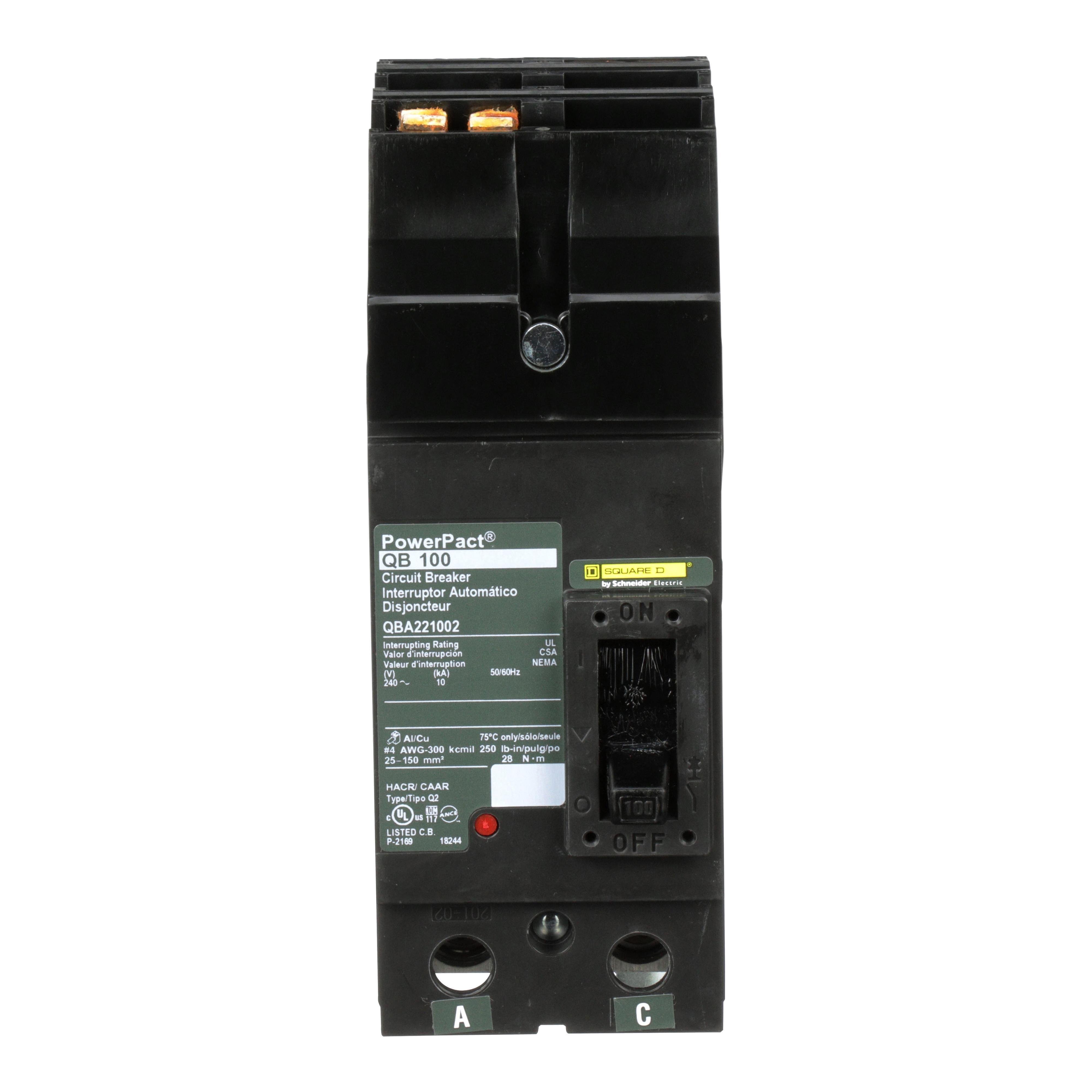 QBA221002 - Circuit breaker, PowerPacT Q, 100A, 2 pole, 240VAC, 10kA, I-Line, thermal magnetic, 80%, AC