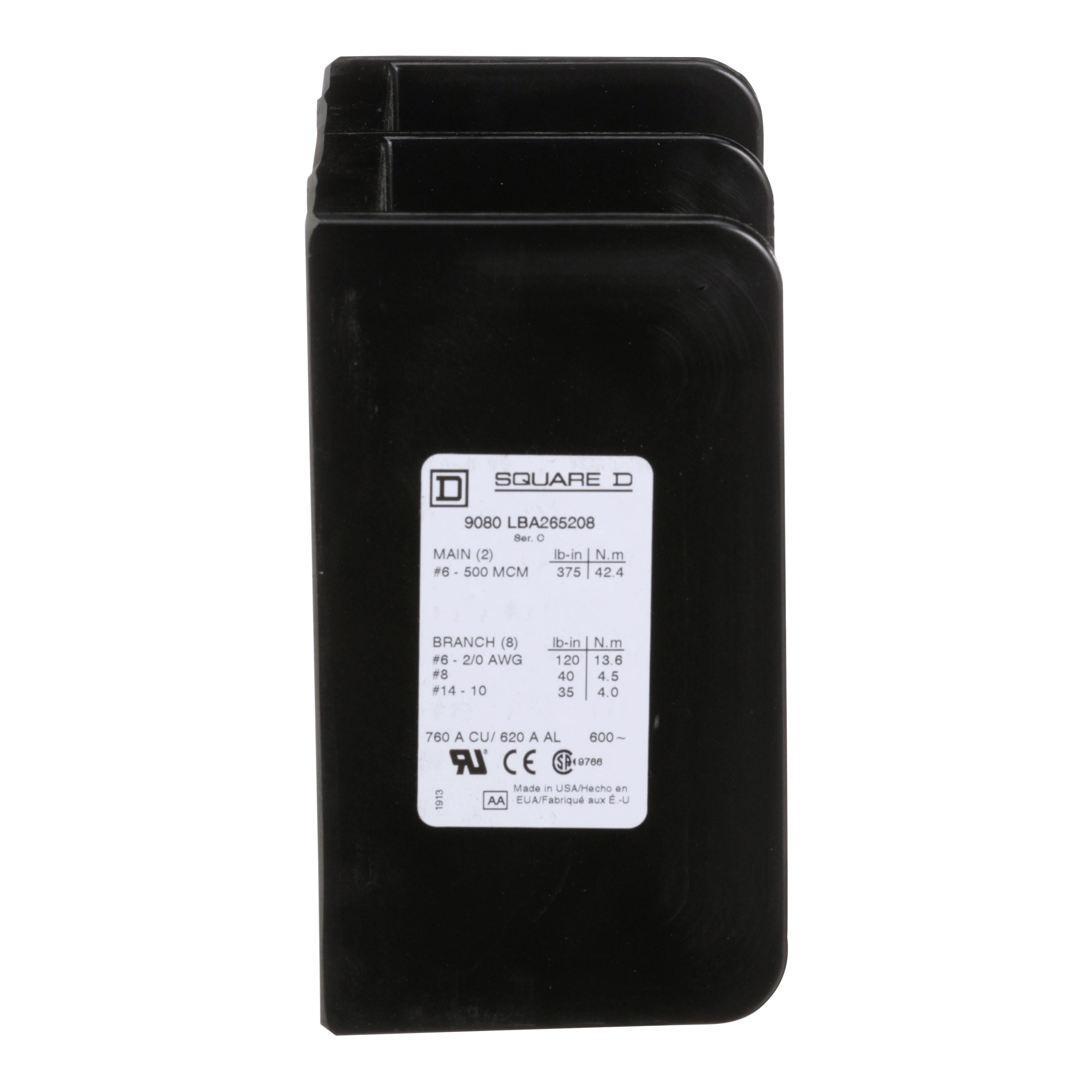 Picture of 9080LBA265208 - Power distribution block, Linergy, 2 pole, 2 line, 8 load, 760A Cu, 620A Al, 600V