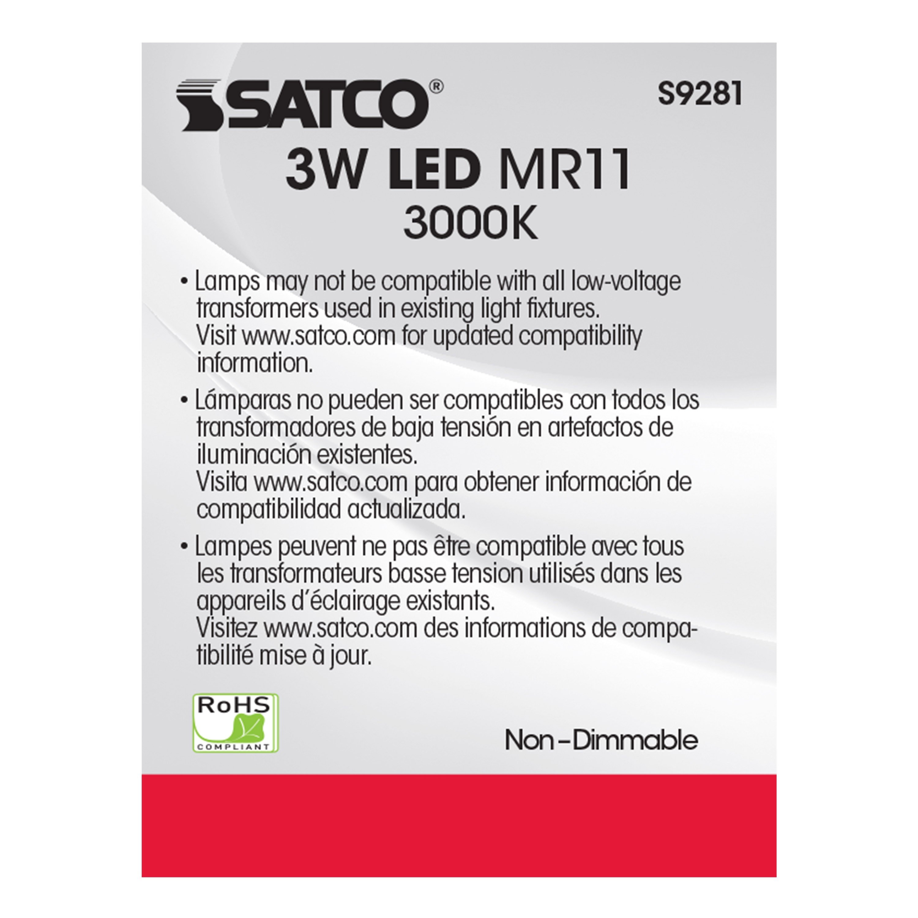 Picture of S9281 - 3W - LED - MR11 - 3000K - 25 deg. beam spread - 25000 Average rated hours - 210 Lumens - GU4 base - 12 Volt AC/DC