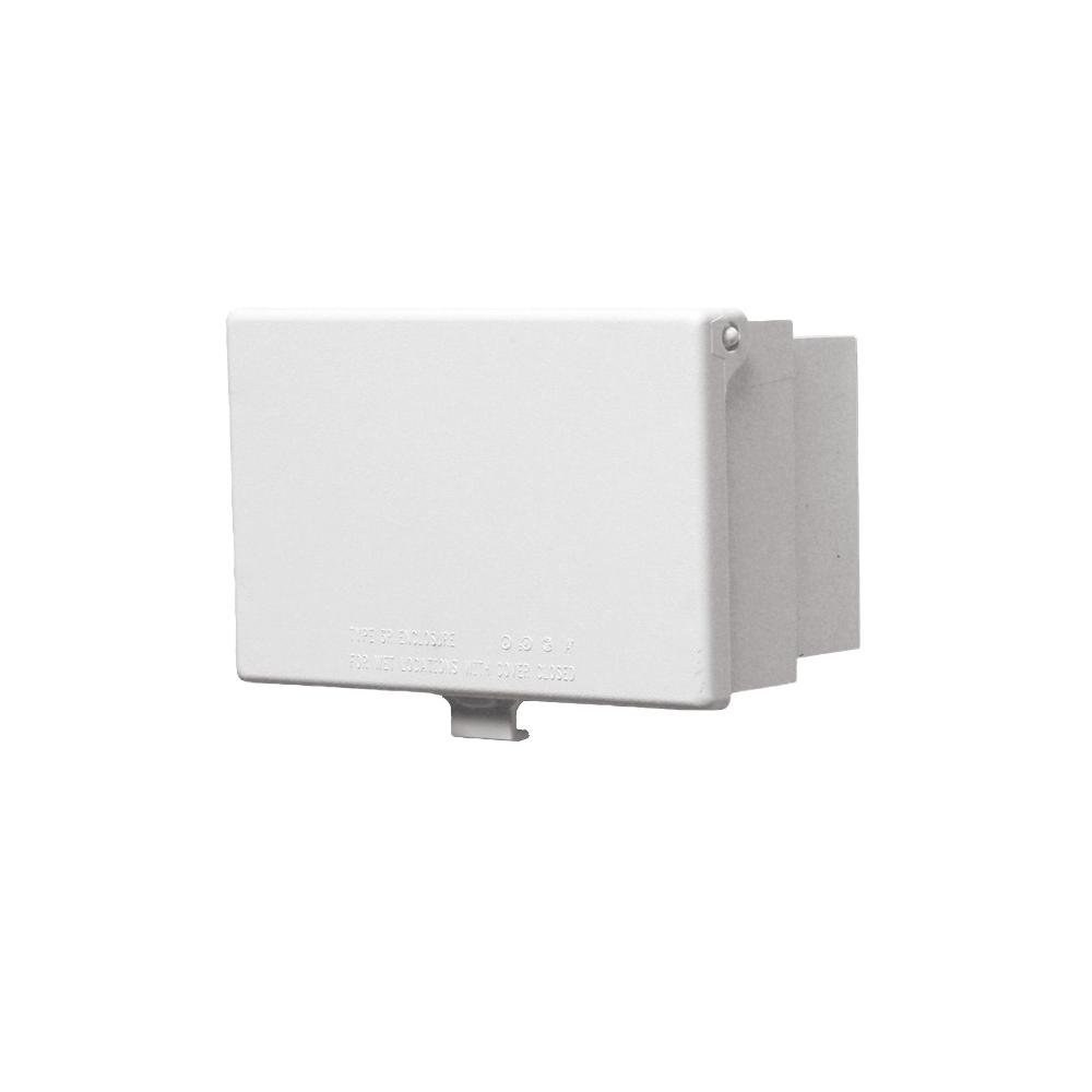 60HW - 1 Gang Low Profile, IN and OUT cover for new and existing construction. Weatherproof in-use. Meets extra-duty code requirements when cord is plugged in. UV rated plastic. Horizontal. Color - White, Paintable