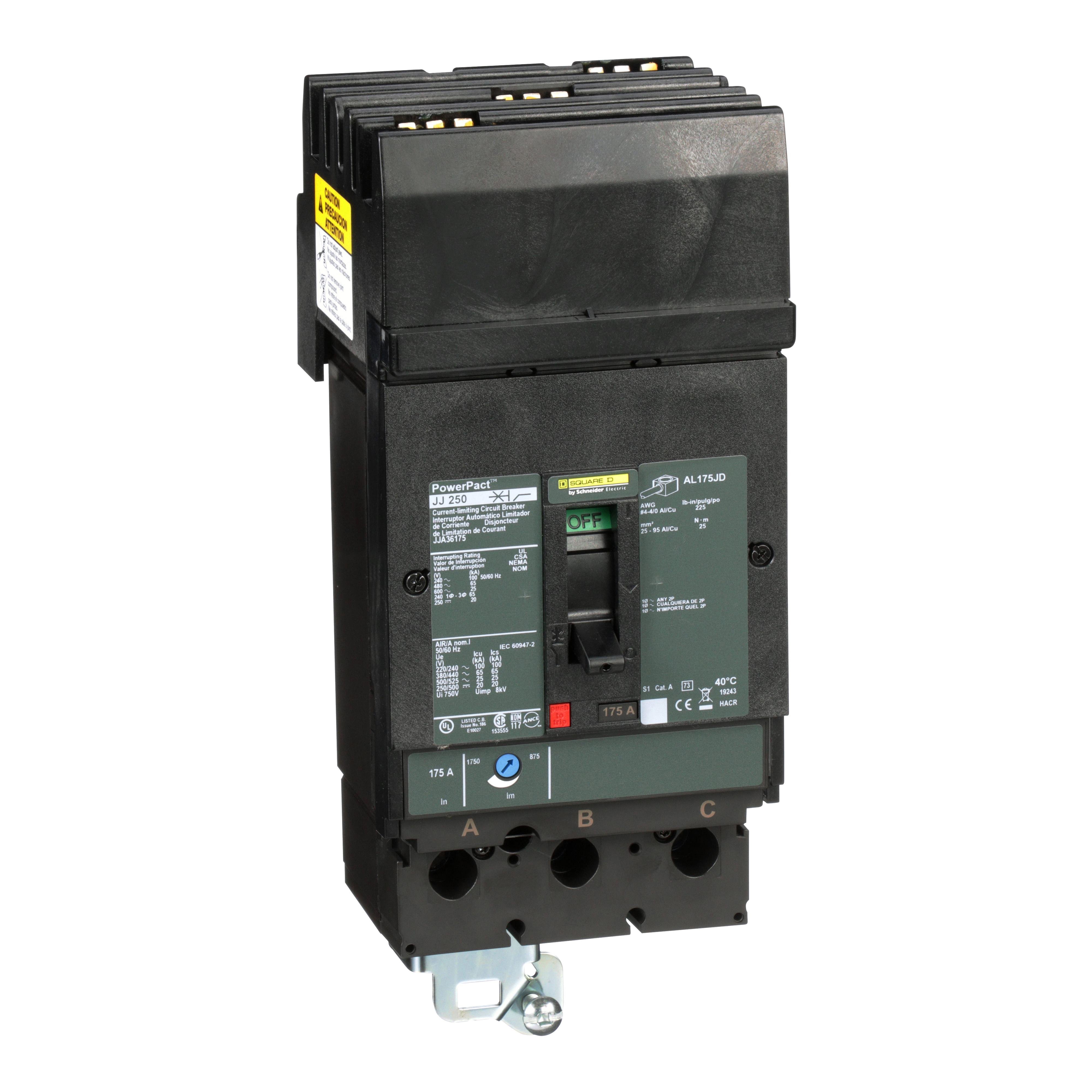 JJA36175 - Circuit breaker, PowerPacT J, 175A, 3 pole, 600VAC, 25kA, I-Line, thermal magnetic, 80%, ABC