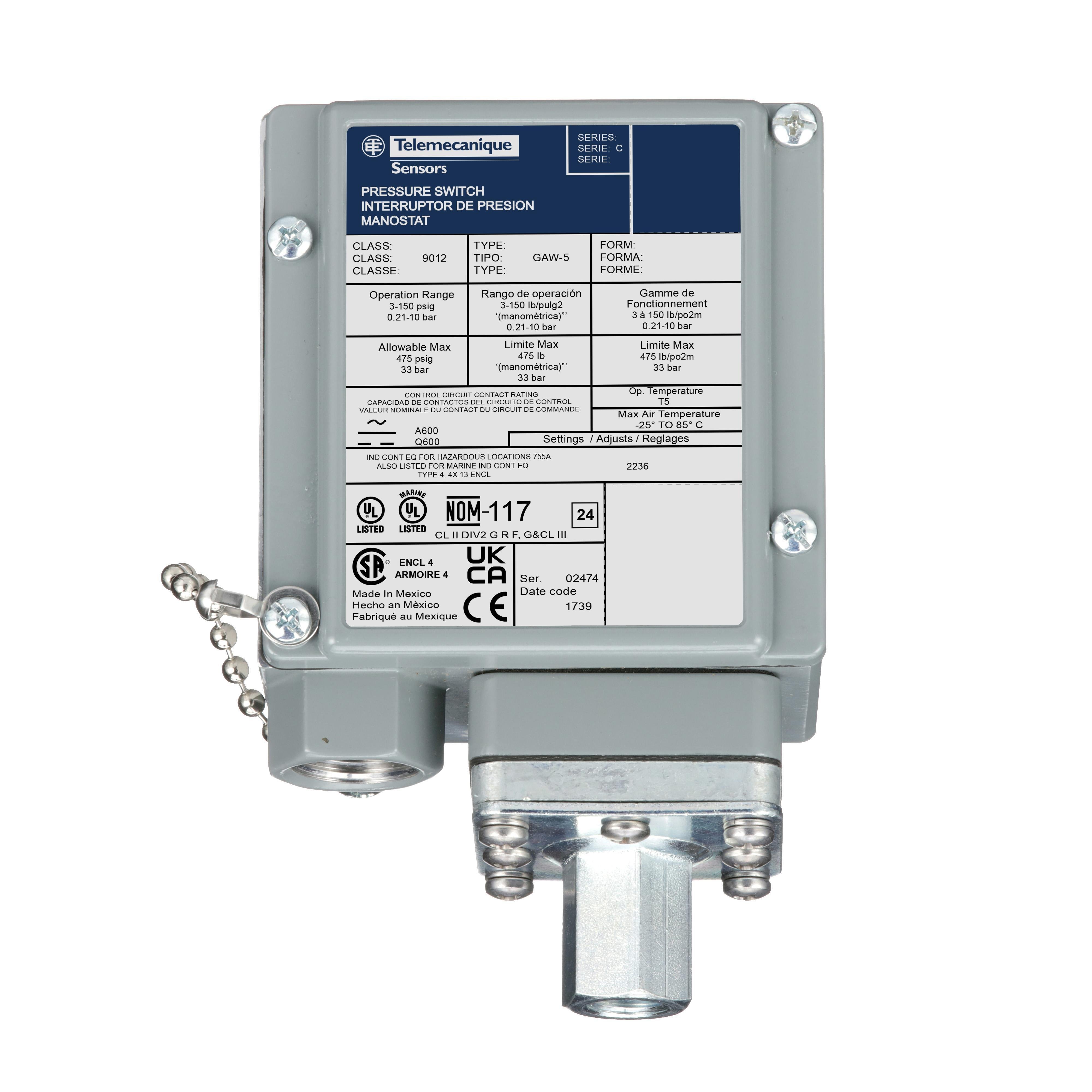 9012GAW5 - industrial pressure switch, 9012G, adjustable scale, 2 thresholds, 3.0 to 150 psig