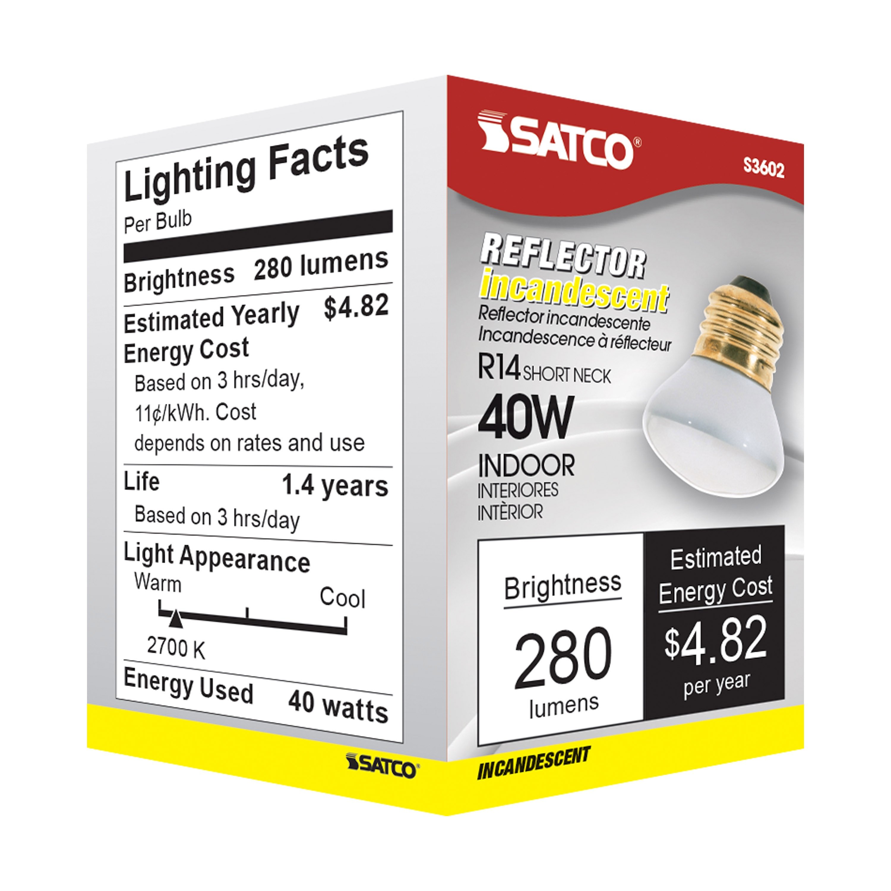 Picture of S3602 - 40 Watt R14 Stubby Incandescent - Clear - 1500 Average rated hours - 280 Lumens - Medium base - 120 Volt