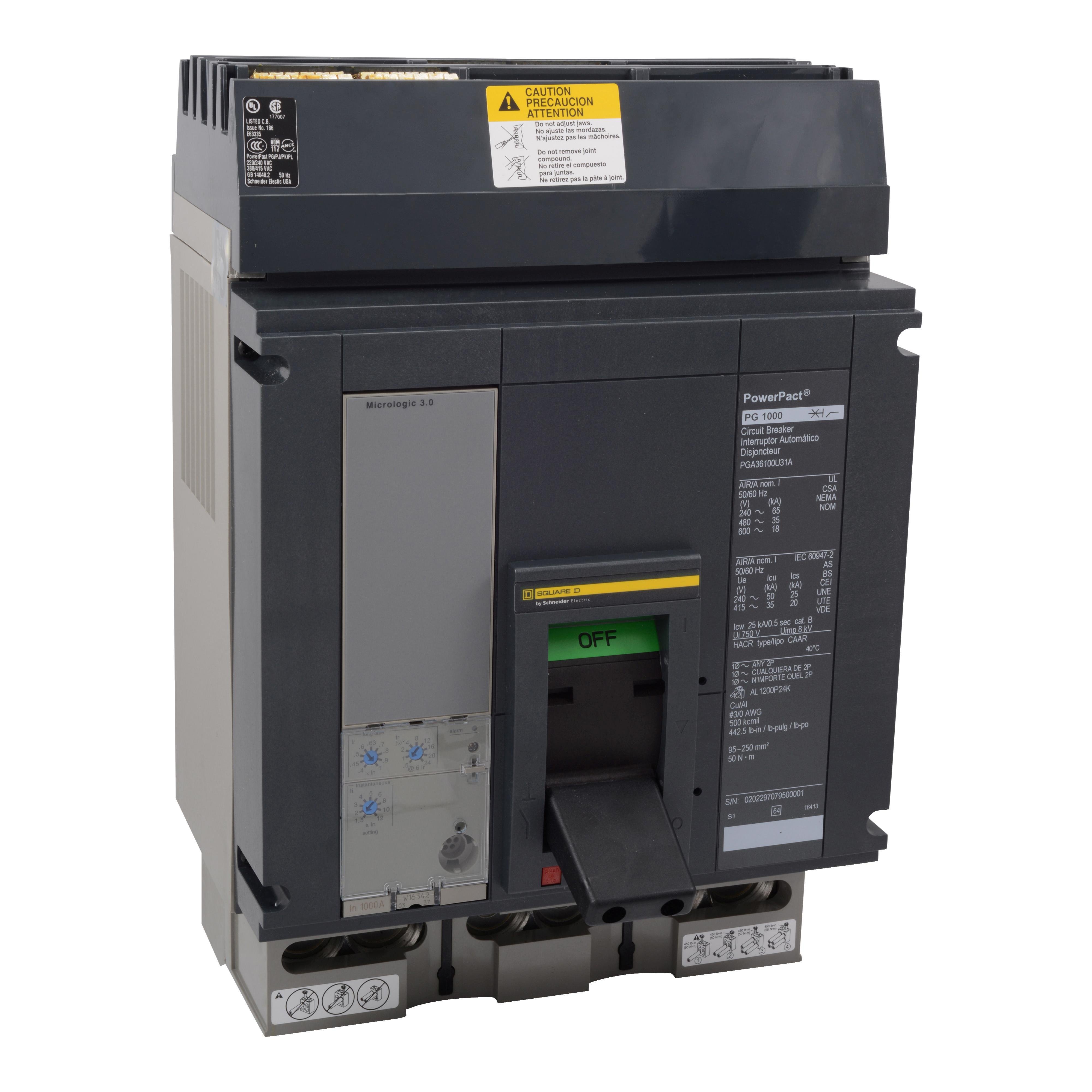 PGA36100U31A - Circuit breaker, PowerPacT P, 1000A, 3 pole, 600VAC, 18kA, I-Line, Micrologic 3.0, 80%, ABC
