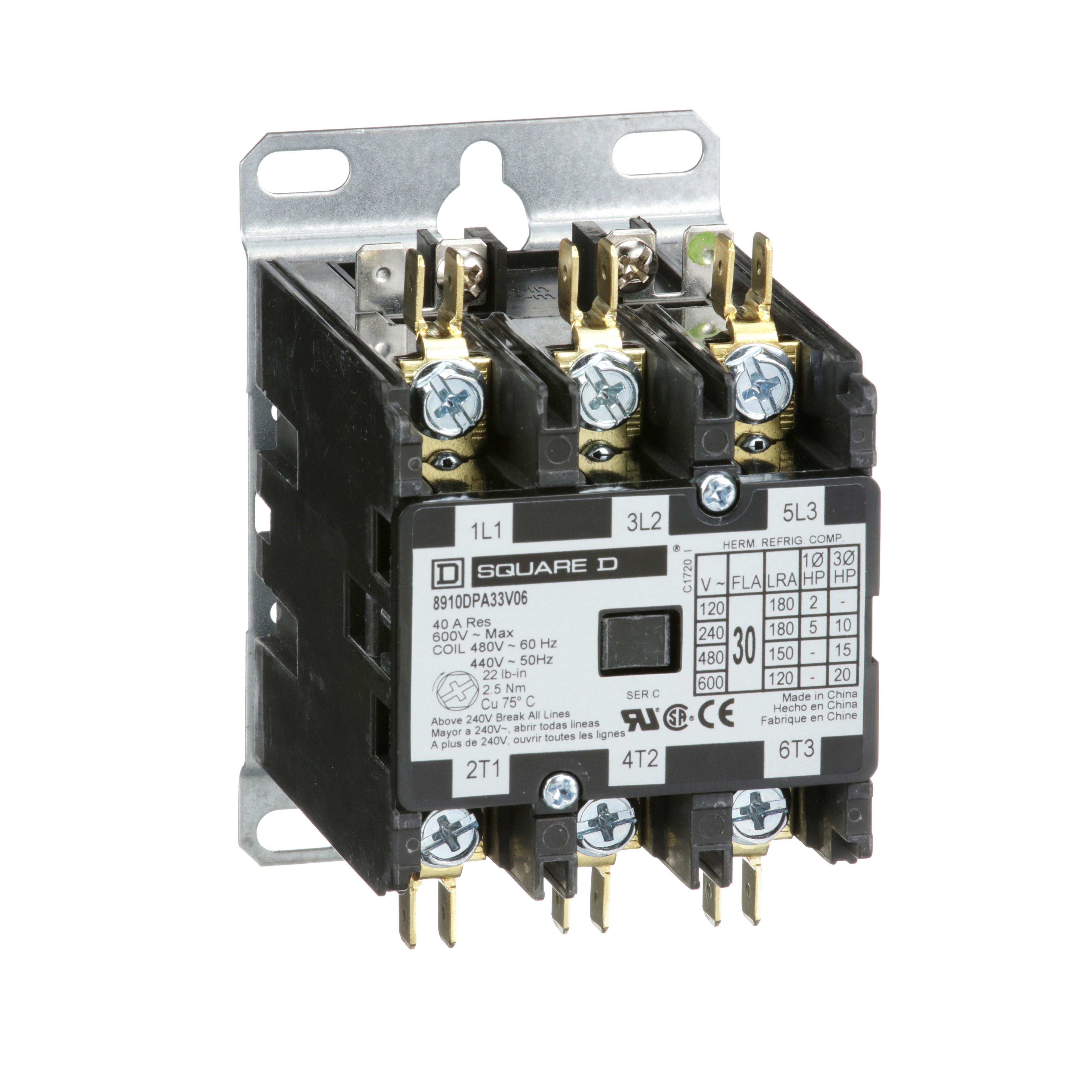 Picture of 8910DPA33V06 - Contactor, Definite Purpose, 30A, 3 pole, 20HP at 575VAC, 3 phase, 440/480VAC 50/60Hz coil, open