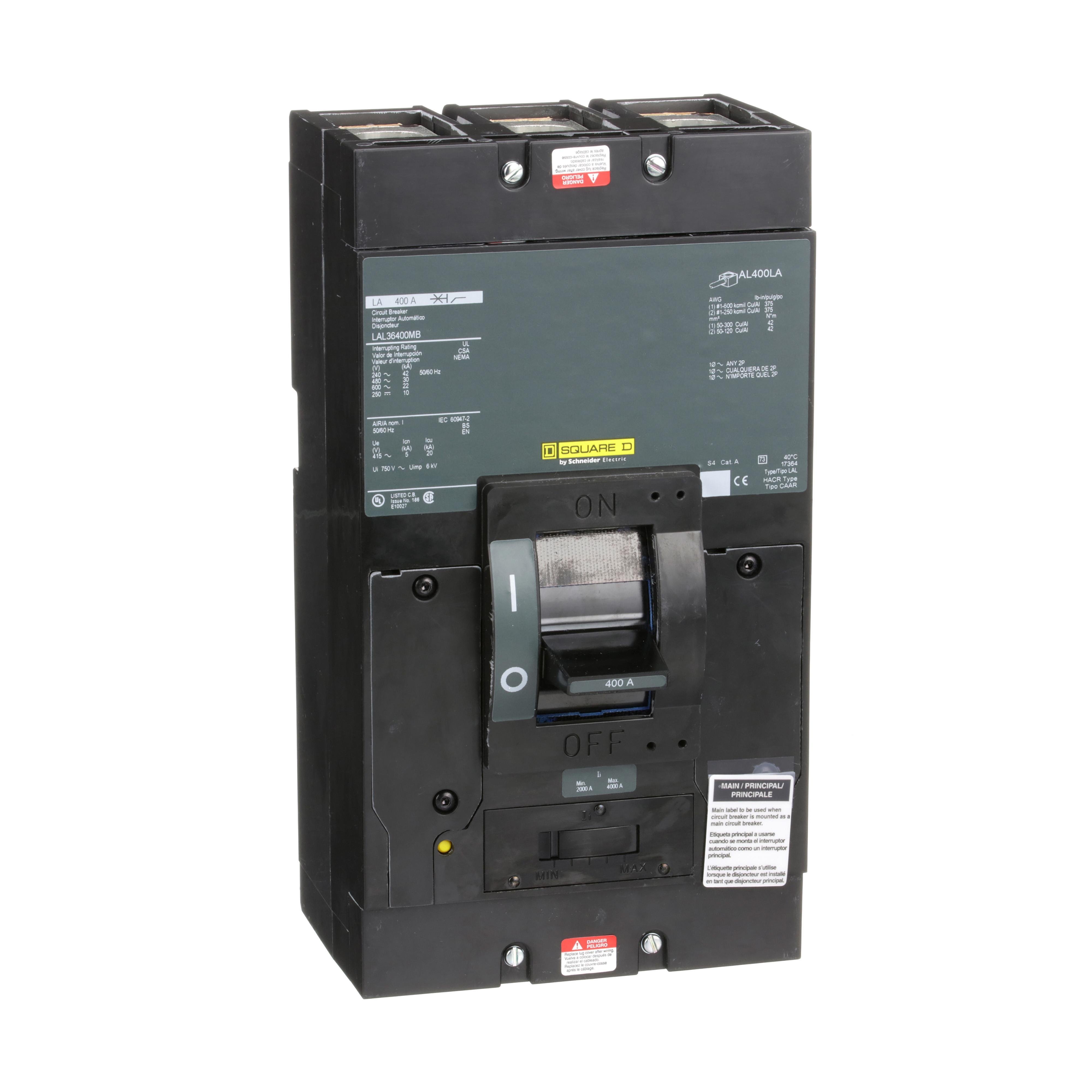 LAL36400MB - Circuit breaker, LA, 400A, 3 pole, 600VAC, 22kA, 250VDC, 10kA, lugs, thermal magnetic, short handle