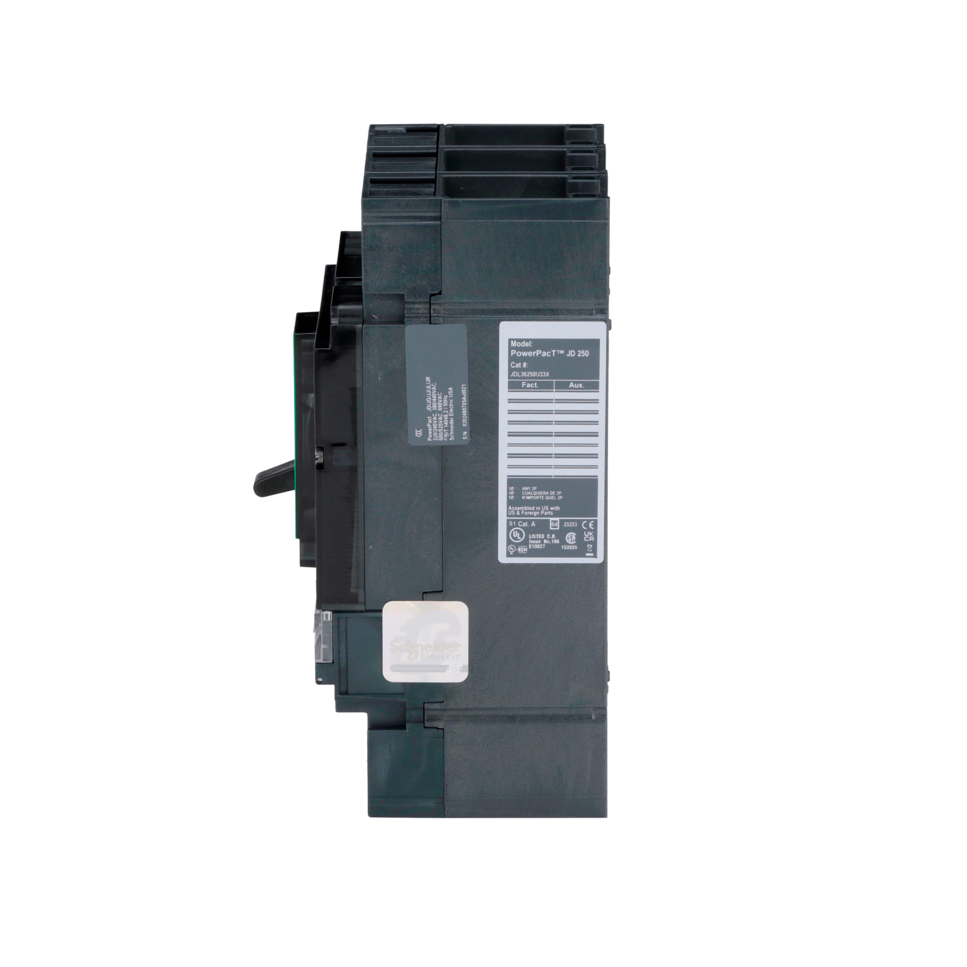 Picture of JDL36250U33X - Circuit breaker, PowerPacT J, 250A, 3 pole, 600VAC, 14kA, lugs, Micrologic 3.2S, 80%