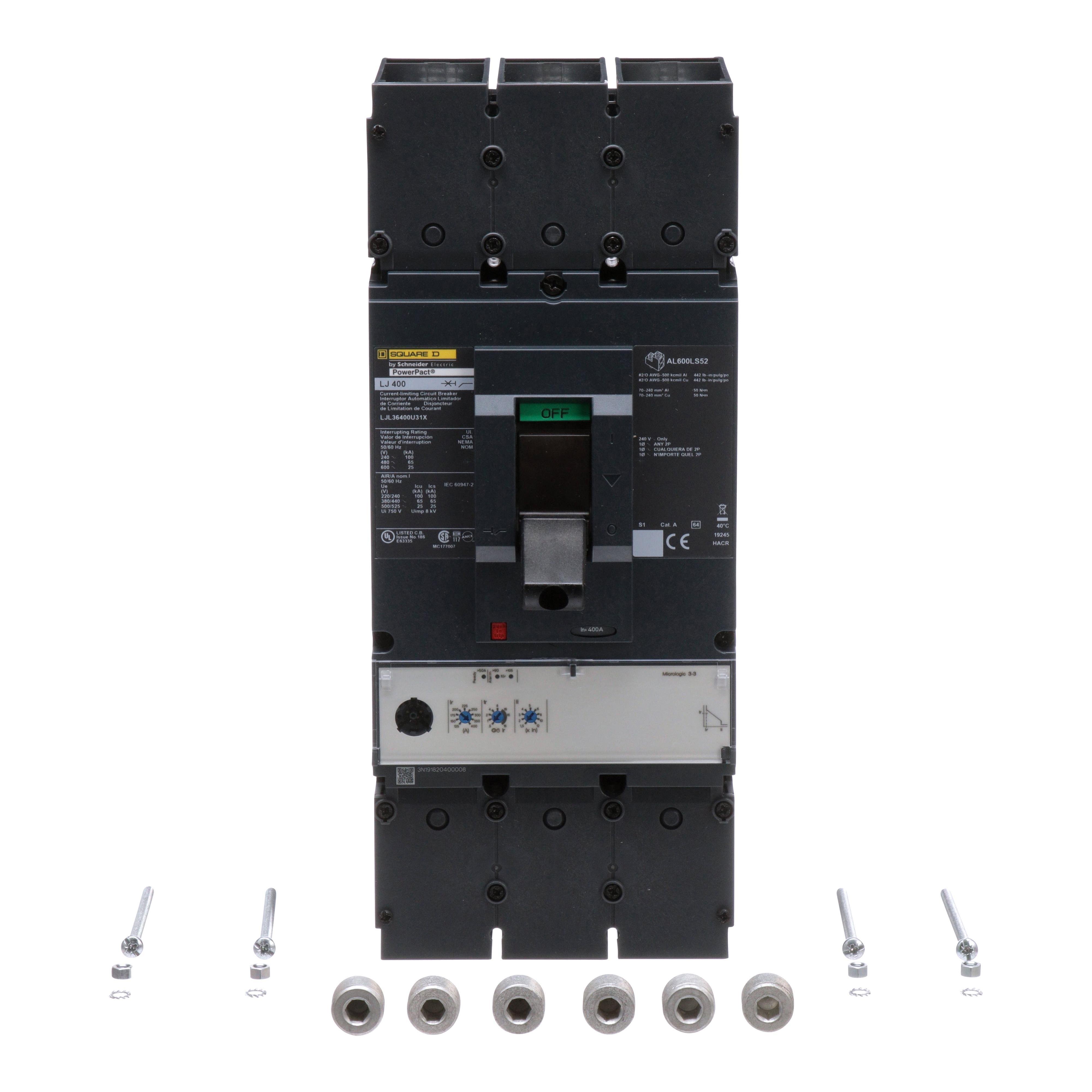 Picture of LJL36400U31X - Circuit breaker, PowerPacT L, 400A, 3 pole, 600VAC, 25kA, lugs, MicroLogic 3.3, 80%