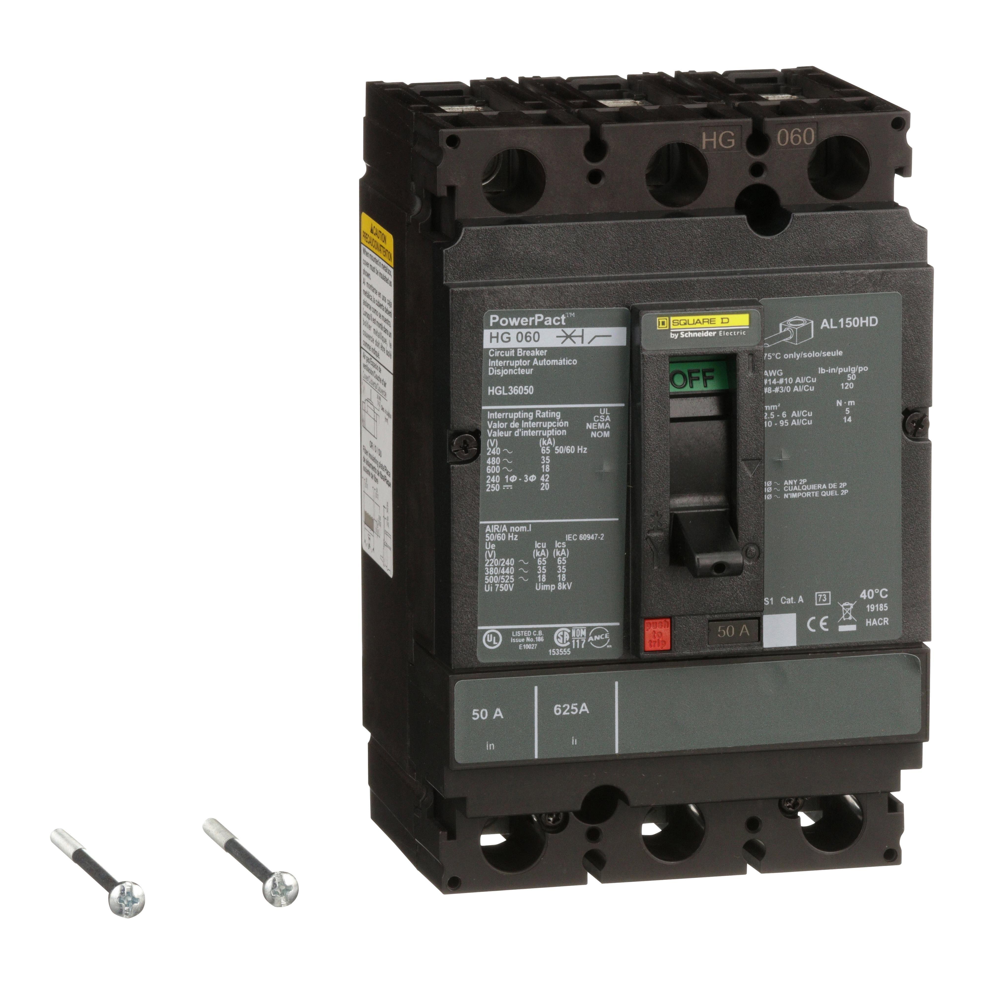 HGL36050 - Circuit breaker, PowerPacT H, 50A, 3 pole, 600VAC, 18kA, lugs, thermal magnetic, 80%