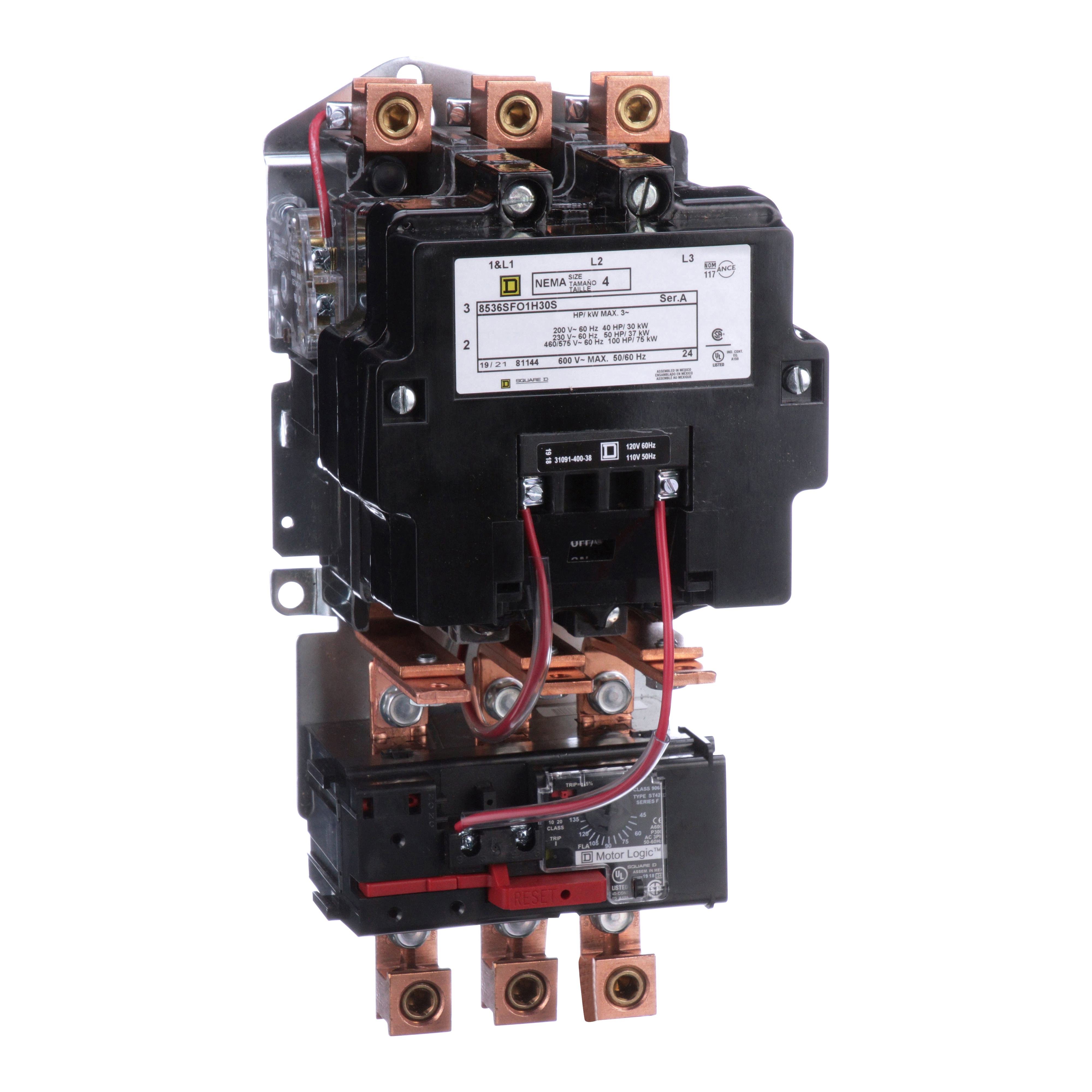 8536SFO1V02H30S - NEMA motor starter, Type S, nonreversing, Size 4, 135A, 100HP at 460VAC, up to 100kA SCCR, 3 phase, 3 pole, Motor Logic, 120VAC coil, open [TAA]